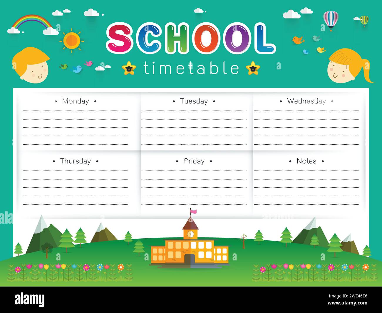 Hintergrundrahmenentwurf des Schulzeitplans, Zeitplan, wöchentliche Schulzeitplan-Vektorillustration Stock Vektor