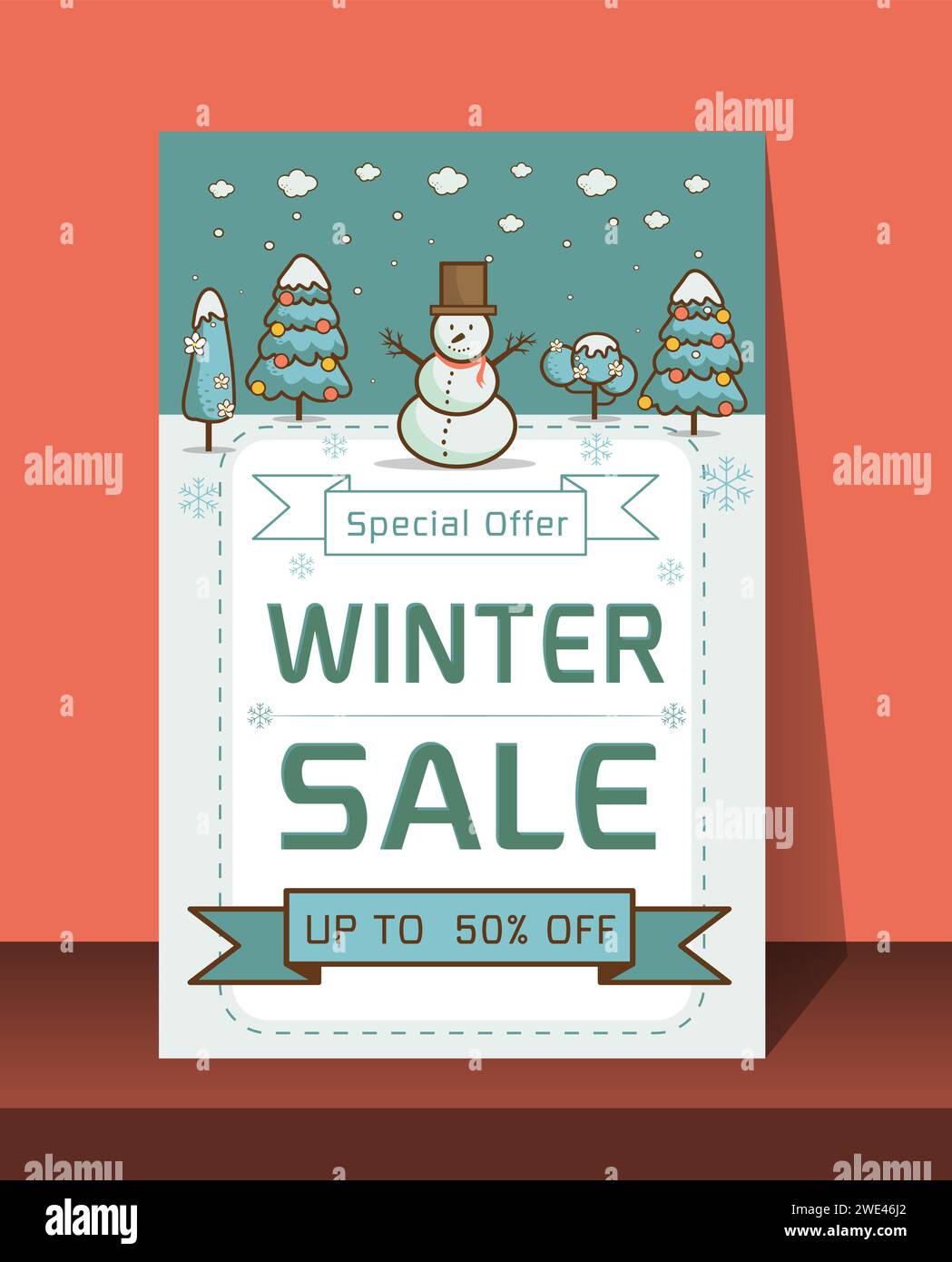Karte Weihnachtsrabatte. Festliches Werbebanner mit lustigen Silvesterfiguren und -Symbolen. Winter Sale-Banner. Fröhlicher Schneemann mit den Worten V Stock Vektor