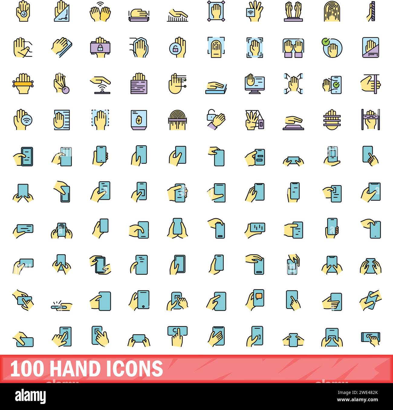 100 Handsymbole eingestellt. Farblinie Satz von Handvektorsymbolen dünne Linie Farbe flach auf weiß Stock Vektor