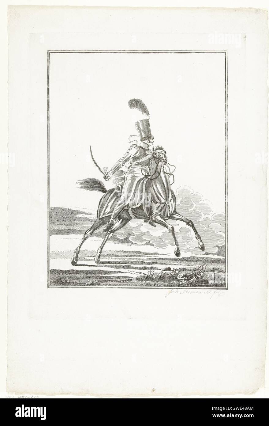 HUZAAR zu Pferd, ein Angeklagter, mit einem Säbel in der Hand, Joannes Bemme, nach de Ceva, 1800–1841 Druckpapier, das Krieg graviert; militärische Angelegenheiten (+ Kavallerie, Reiter) Stockfoto