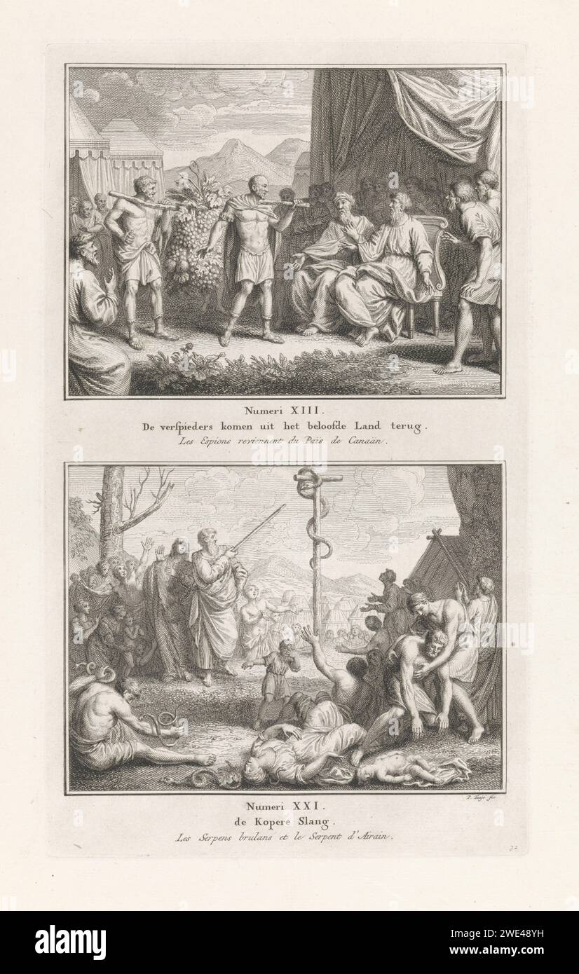 Rückkehr der Späher aus Kanaan / Mozes und die Koperenschlange, Pieter Tanjé, 1791 drucken zwei biblische Aufführungen. Oben: Die Späher sind aus Kanaan zurückgekehrt und zeigen den Israeliten die großen Früchte, die sie in Kanaan fanden. Unten: Moses zeigt mit seinem Stab auf die Kupferschlange, die an einem Pfahl befestigt ist. Die Israeliten, die von Schlangen gebissen werden, liegen um sie herum und betrachten sie als ein Mittel, um am Leben zu bleiben. Im Hintergrund das Zeltlager der Israeliten. Unter den Aufführungen findet sich ein Verweis auf die Bibeltexte und die Titel in Niederländisch und Französisch. Amsterdamer Papier ätzt / graviert die Spione nehmen Stockfoto