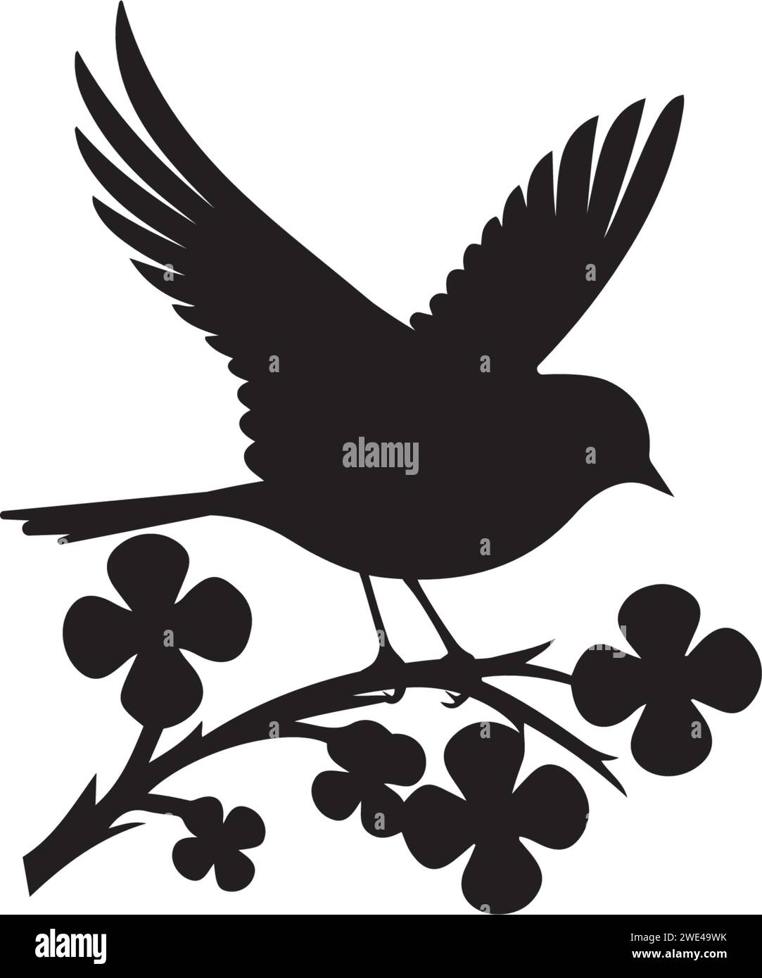 Fliegende Vogel-Silhouette mit Zweig isoliert auf weißem Hintergrund, Vektor-Illustration. Minimalistisches Schwarzweiß-Kunstdesign, Kunstwerke, Wandaufkleber. Stock Vektor