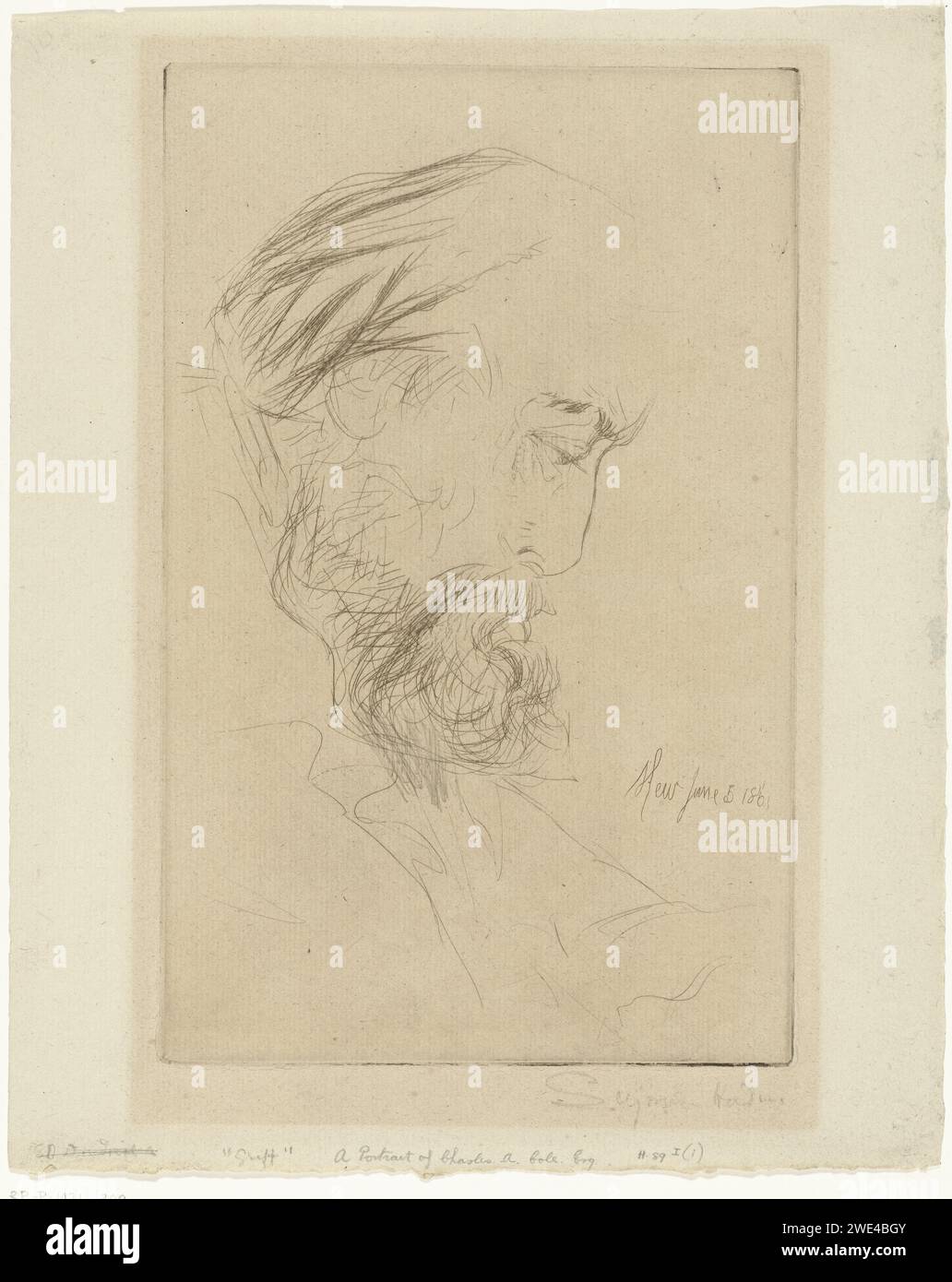 Portret van Charles Cole, Francis Seymour-Haden (Sir), Portrait of Charles a Cole aus dem Jahr 1864 und Profil. Griff war sein Spitzname. Kew-Papier. Bleistiftätzung/Trocknungspunkt Stockfoto