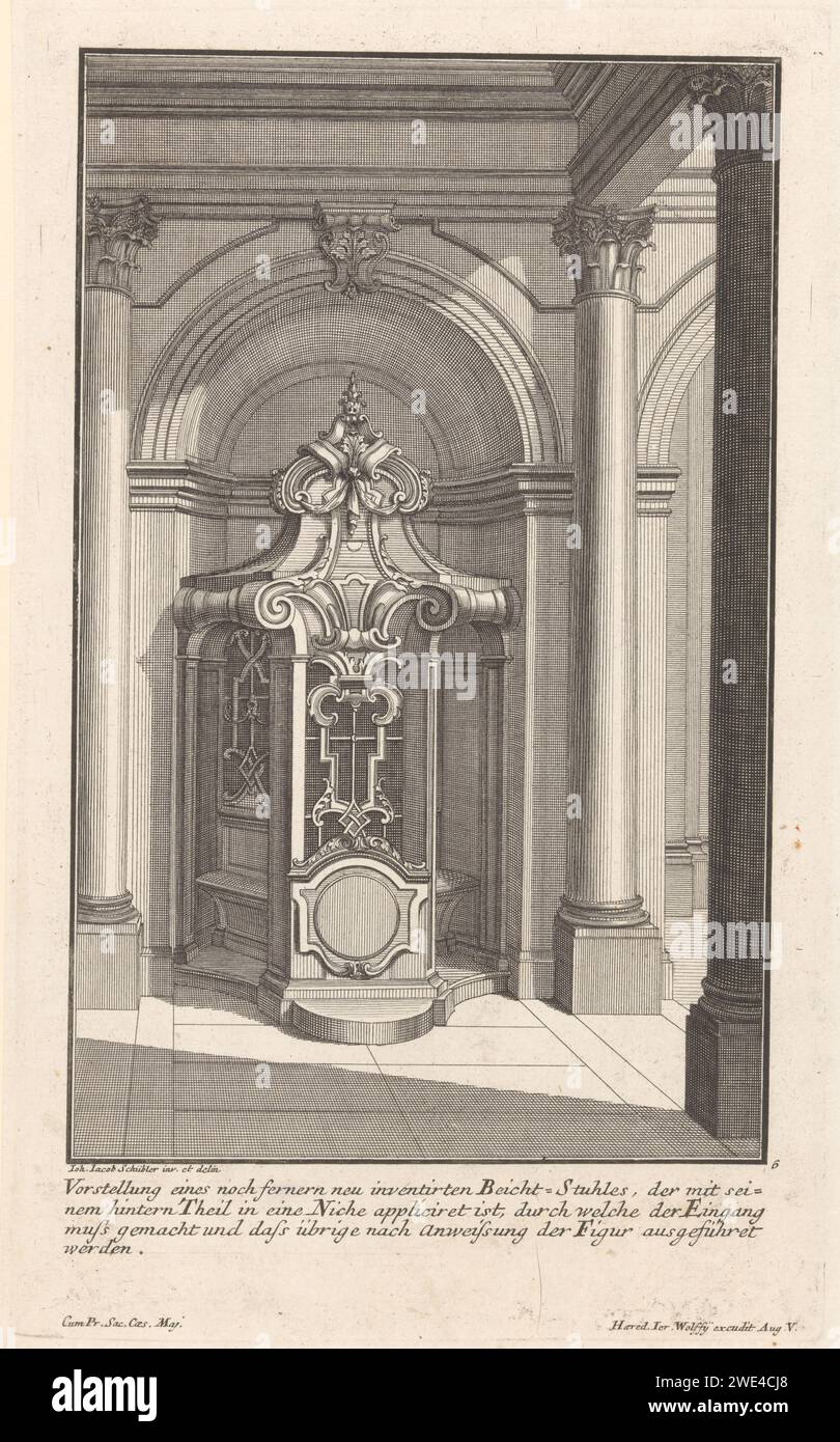 Oramamentatierter Beichtstuhl, Georg Lichtensteger, nach Johann Jakob Schübler, in oder nach 1724 drucken Sie einen ornamentierten Beichtstuhl in einer Nische. Am unteren Rand ein vierzeiliger deutscher Text. Druckerei: Neurenbergverlag: Augsburg Papierätzung / Gravur Beichtstuhl  Teil des Beichtwortes. rocaille-Ornament. 'concha'  Architektur Stockfoto