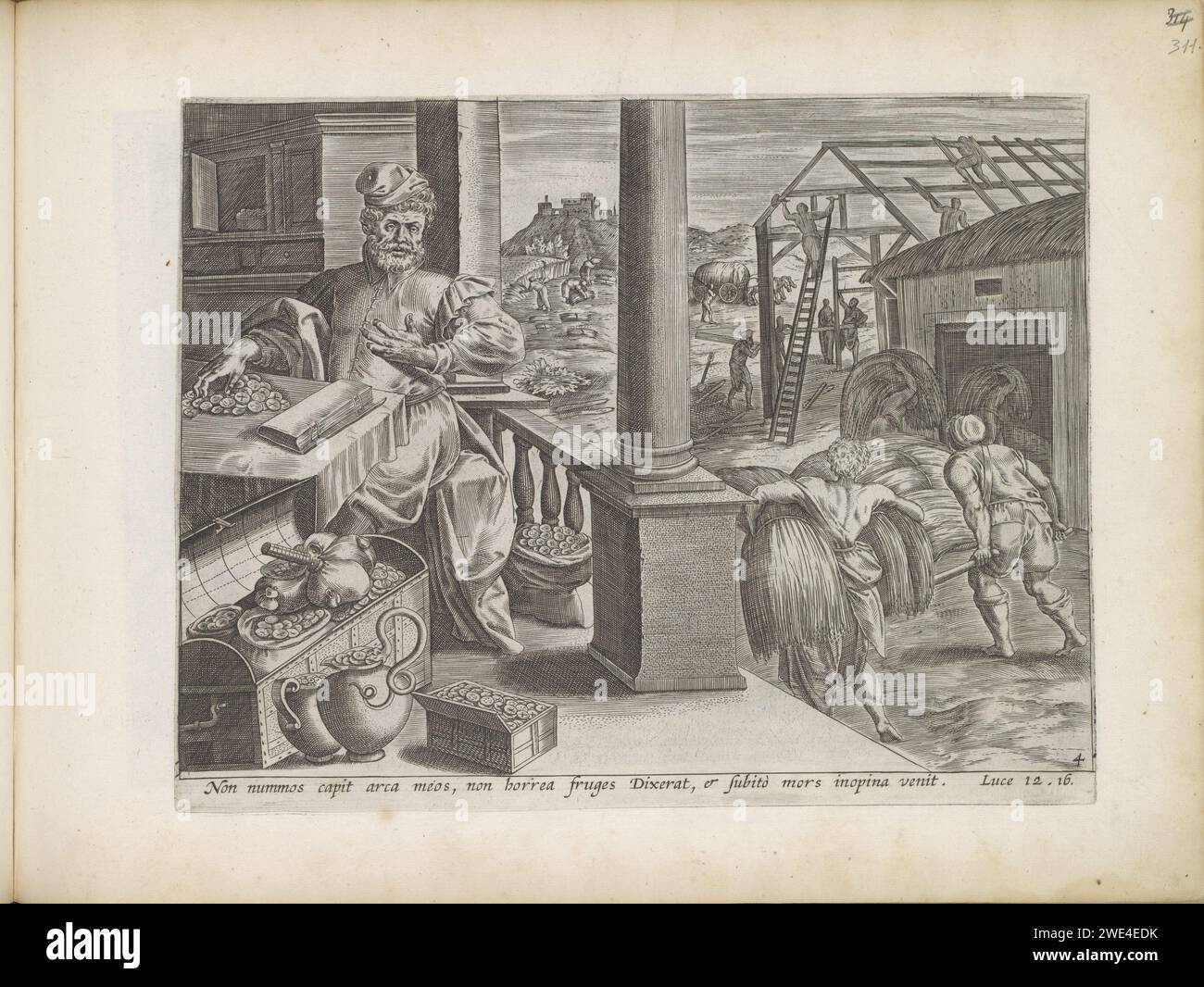 Gleichnis vom reichen Narren, 1643 Druck Ein reicher Mann hat noch größere Scheunen für seinen Reichtum und sein Getreide gebaut. Er sitzt am Tisch zwischen seinem Geld. Da ist ein Stokbeurs in der offenen Brust. Unter der Ausstellung ist ein lateinischer Hinweis auf den Bibeltext in Luc zu sehen. 12:16 und zur Fortsetzung der Geschichte: Der Reiche wird in der Nacht sterben. Dieser Ausdruck ist Teil eines Albums. Amsterdamer Papier mit dem Gravur des reichen Narren, dessen Tod kommt, wenn er sein ganzes Geld gespart hat, um neue Scheunen zu bauen (Lukas 12,16-21). Geldbeutel, Geldbeutel Stockfoto