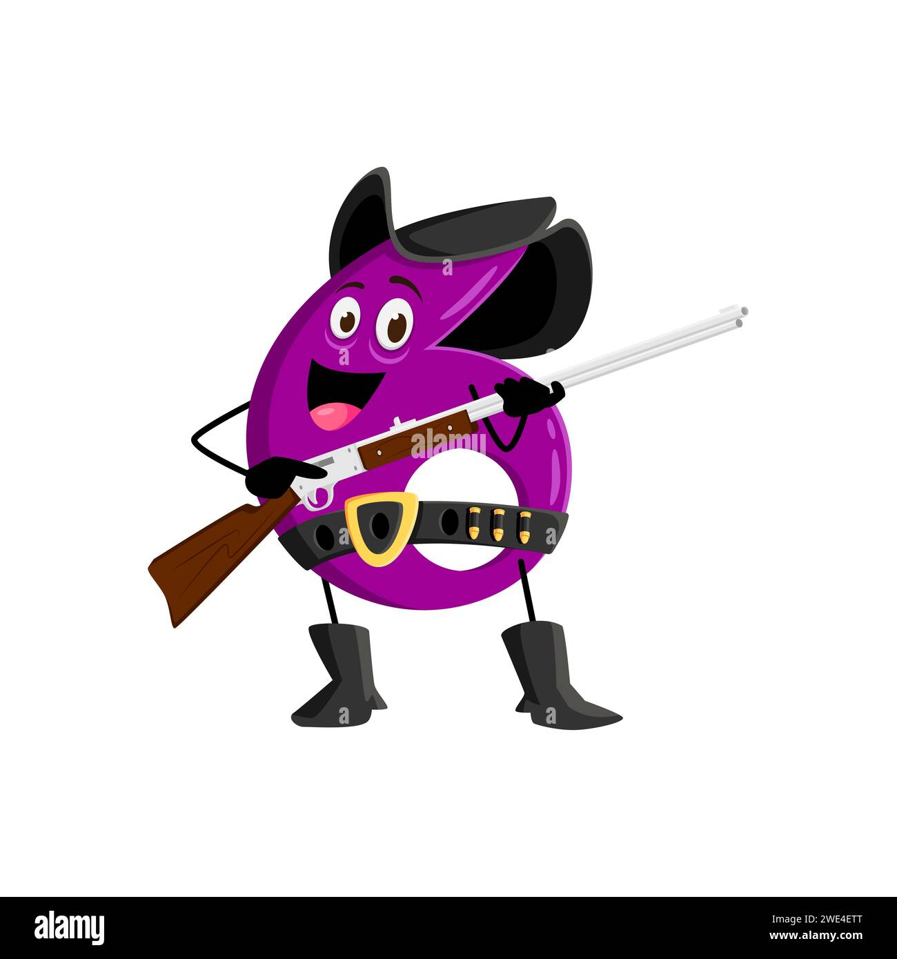 Comic Mathe Nummer 6 Cowboy und Ranger, Sheriff, Räuber und Banditen. Isolierter Vektor 6 mit Gewehr, Korrallgleichungen, die Arithmetik in einen abenteuerlichen Showdown aus Lernen und Spaß verwandeln Stock Vektor