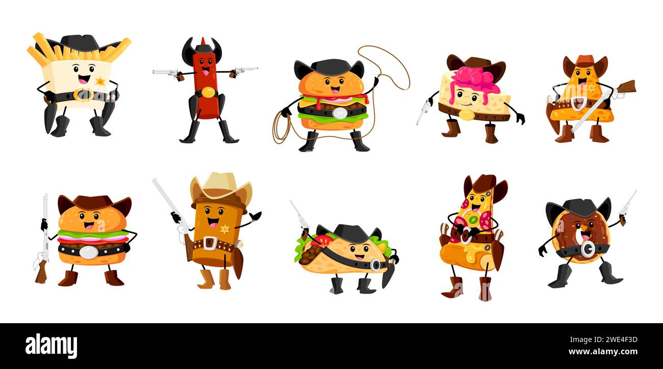 Cartoon Fast Food Cowboy und Ranger, Bandit und Sheriff Charaktere. Vektor Pommes Frites, Ketchup Flasche, Nachos, Donut und Burger. Pizzascheibe, Kaffeetasse, Käsekuchen und Taco Wild West Persönlichkeiten Stock Vektor