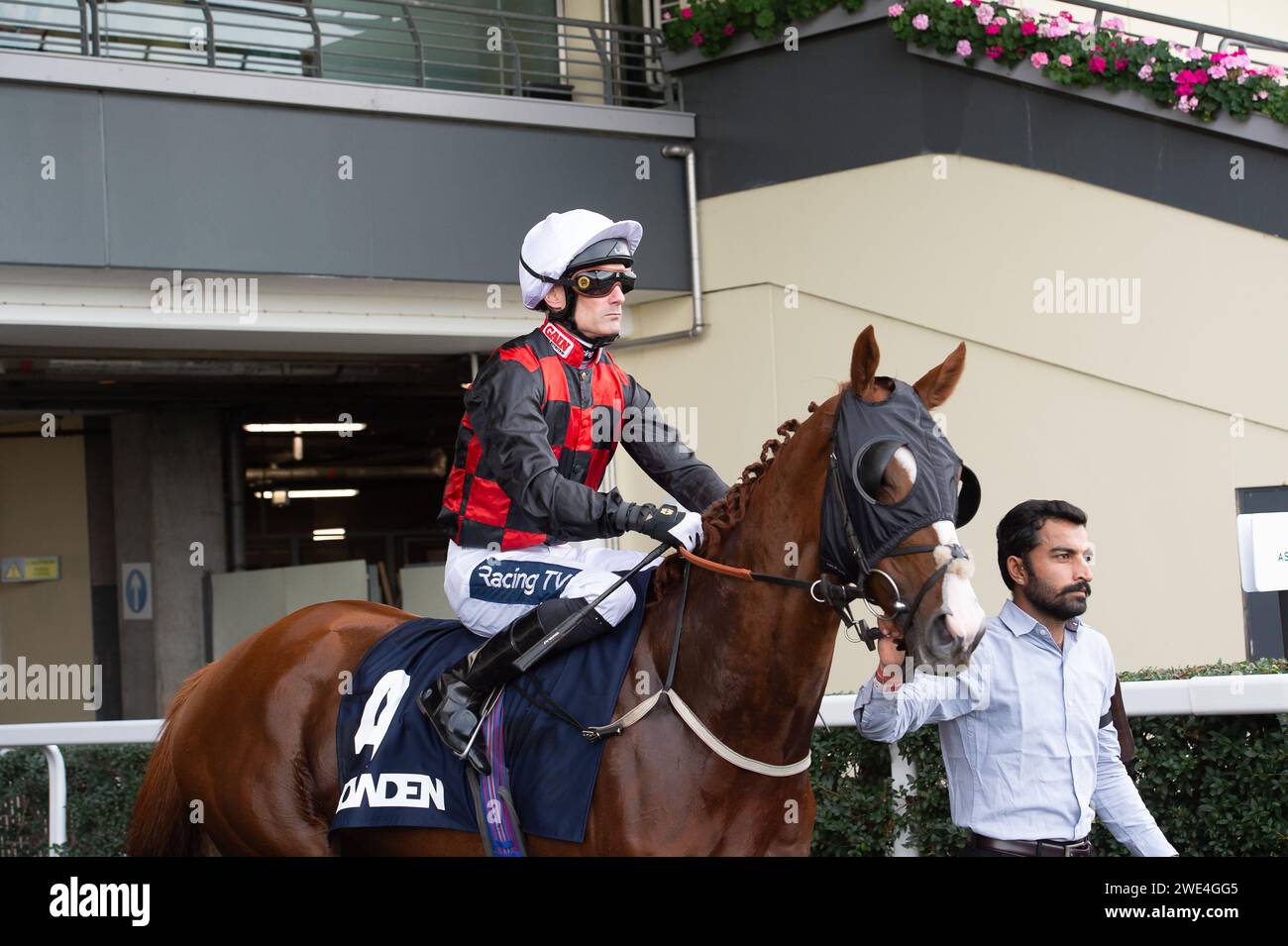 Ascot, Berkshire, Großbritannien. Oktober 2023. Horse Blue for You, geritten von Jockey Paul Mulrennan, geht auf die Rennstrecke für den Howden Challenge Cup auf der Ascot Racecourse beim Herbstrennen Samstag Meeting. Kredit: Maureen McLean/Alamy Stockfoto