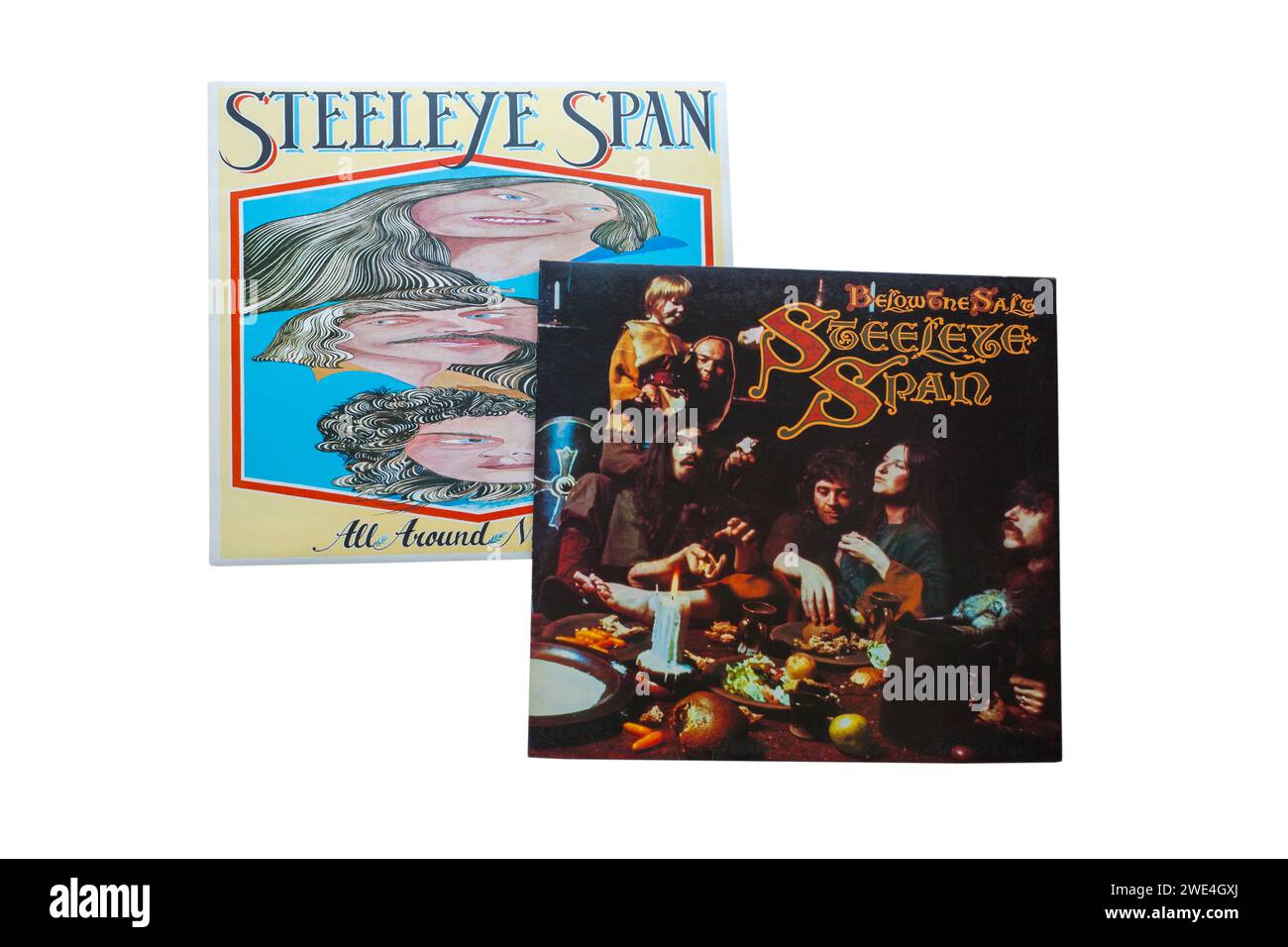 SteelEye Span Under the Salt 1972 Vinyl Album LP Cover & All Around My hat 1975 Vinyl Album LP Cover isoliert auf weißem Hintergrund Stockfoto
