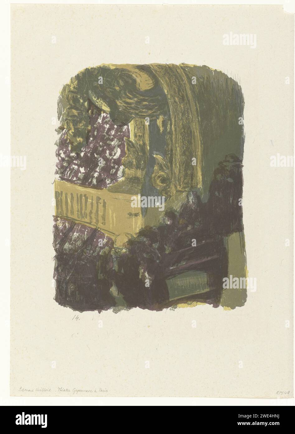 Tribune und Balkone mit Publikum in der Théâtre Gymnase in Paris, Edouard Vuillard, Tribune mit 1900 Druckgrafiken und Balkone mit Publikum von oben in der Théâtre Gymnase in Paris. Druckerei: Frankfurter: Leipziger Papiertheater (Gebäude) Paris Stockfoto