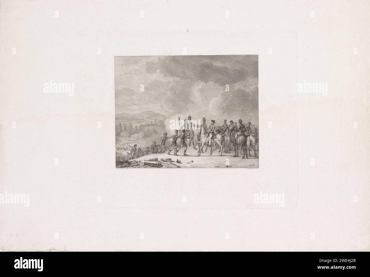 Scots präsentierten französische Standards nach Wellington, 1815, Reinier Vinkeles (I), nach Mattheus Ignatius van Bree, 1815–1816 Druck Ein schottisches Korps präsentiert zwei eroberte französische Standards mit Adlern auf dem Duke of Wellington, während der Schlacht von Waterloo am 18. Juni 1815. Teil einer Gruppe von Illustrationen von Ereignissen rund um und während der Schlachten bei Quatre-Bras und Waterloo, 16-18. Juni 1815. Niederländische Papiergravur (Militär) Flaggen und Standards (+ Landstreitkräfte). Schlacht (+ Landstreitkräfte) Waterloo Stockfoto