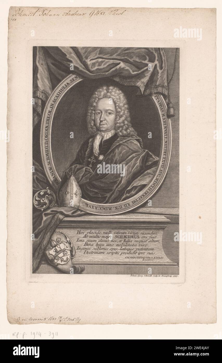 Portret van Johann Andreas Schmidt, Johann Georg Schmidt, 1727 Print Braunschweiger Papierstich / Ätzen historischer Personen. Waffenlager, Heraldik Stockfoto