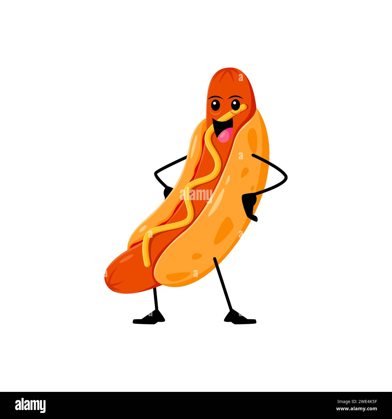 Comic fröhlicher Hot Dog lustiger Take-away-Fast-Food-Charakter mit einem lächelnden Gesicht, Senfquietschen und Armen akimbo-Haltung. Isolierte Vektor appetitliche Street Meal Hotdog Persönlichkeit strahlt Freude und Spaß aus Stock Vektor