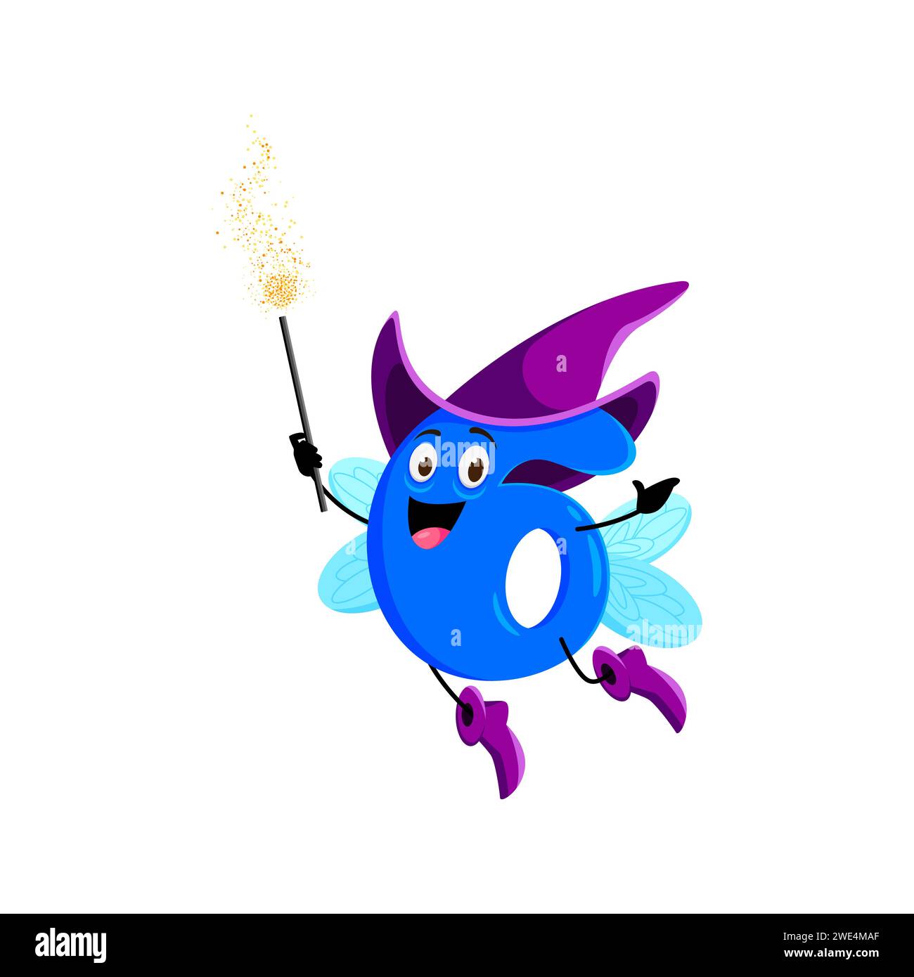 Zeichentrickmathematik Nummer sechs Halloween-Zauberer, Hexe und Magier-Charakter. Die seltsame 6-Feen-Zahlenfigur des isolierten Vektors führt einen funkelnden Zauberstab und zaubert mit einem schelmischen Grinsen zauberhafte Gleichungen Stock Vektor
