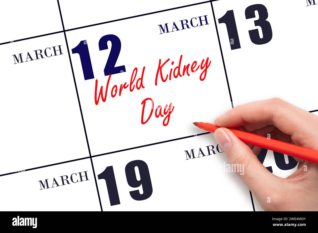 März: Handschrift zum Weltnierentag am Kalenderdatum. Speichern Sie das Datum. Urlaub. Tag des Jahres-Konzept. Stockfoto