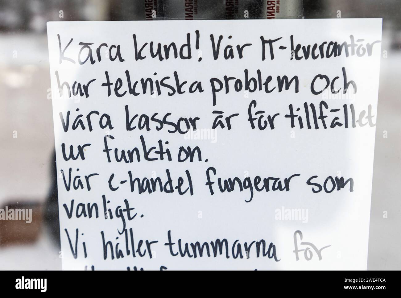 Das schwedische Rechenzentrum des IT-Anbieters Tieto Evry ist einem Hackerangriff ausgesetzt. Filmstaden, Rusta und Granngården sind von dem Angriff betroffen. Das Bild zeigt ein geschlossenes Geschäft in Granngården, Schweden. Stockfoto