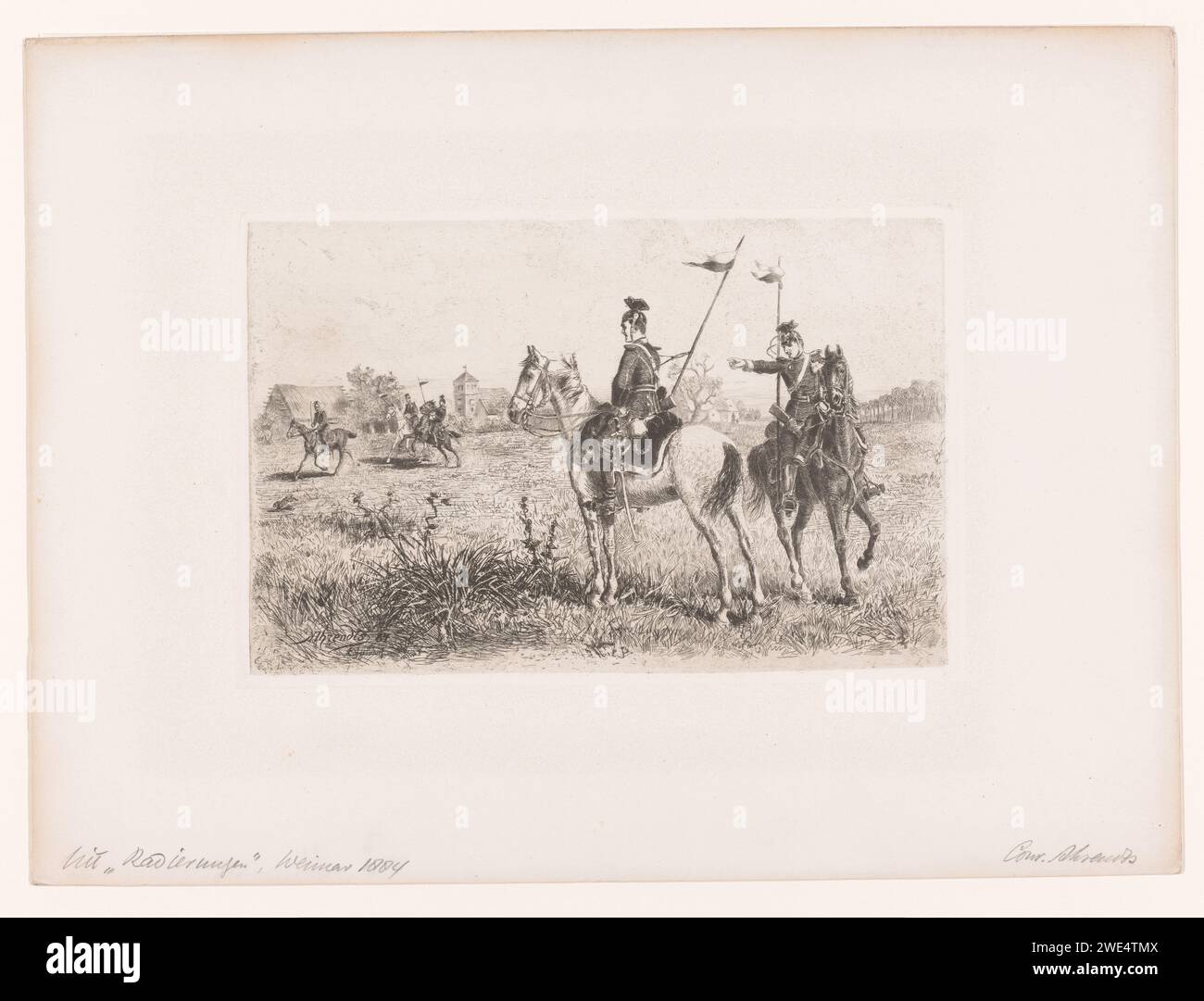 Fünf Ulanen in Eggersdorf, Conrad Ahrendts, 1884 Druck Weimarer Papier, das Privatsoldat (+ Kavallerie, Reiter) Eggersdorf ätzt Stockfoto
