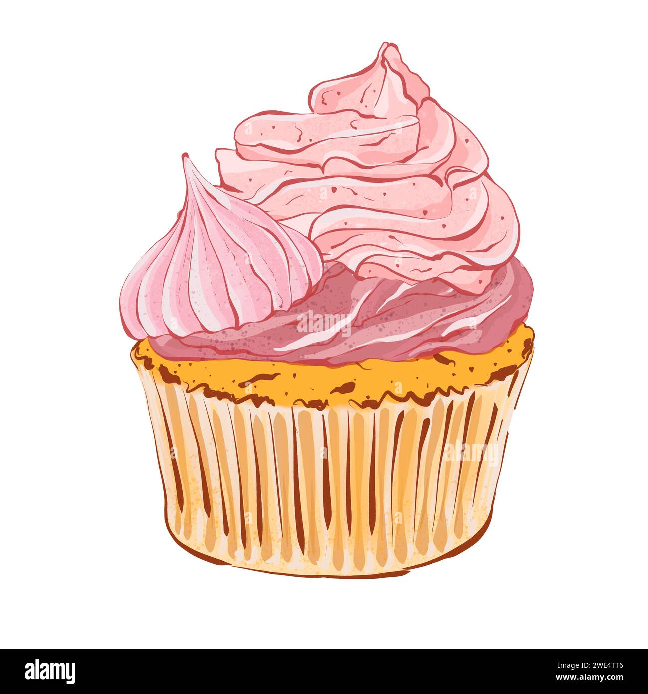 Festlicher Cupcake mit Beerencreme und Meringue. Realistischer Stil. Handgezeichnete Illustration isoliert auf weißem Hintergrund. Grafikelement für Konditoreien Stockfoto