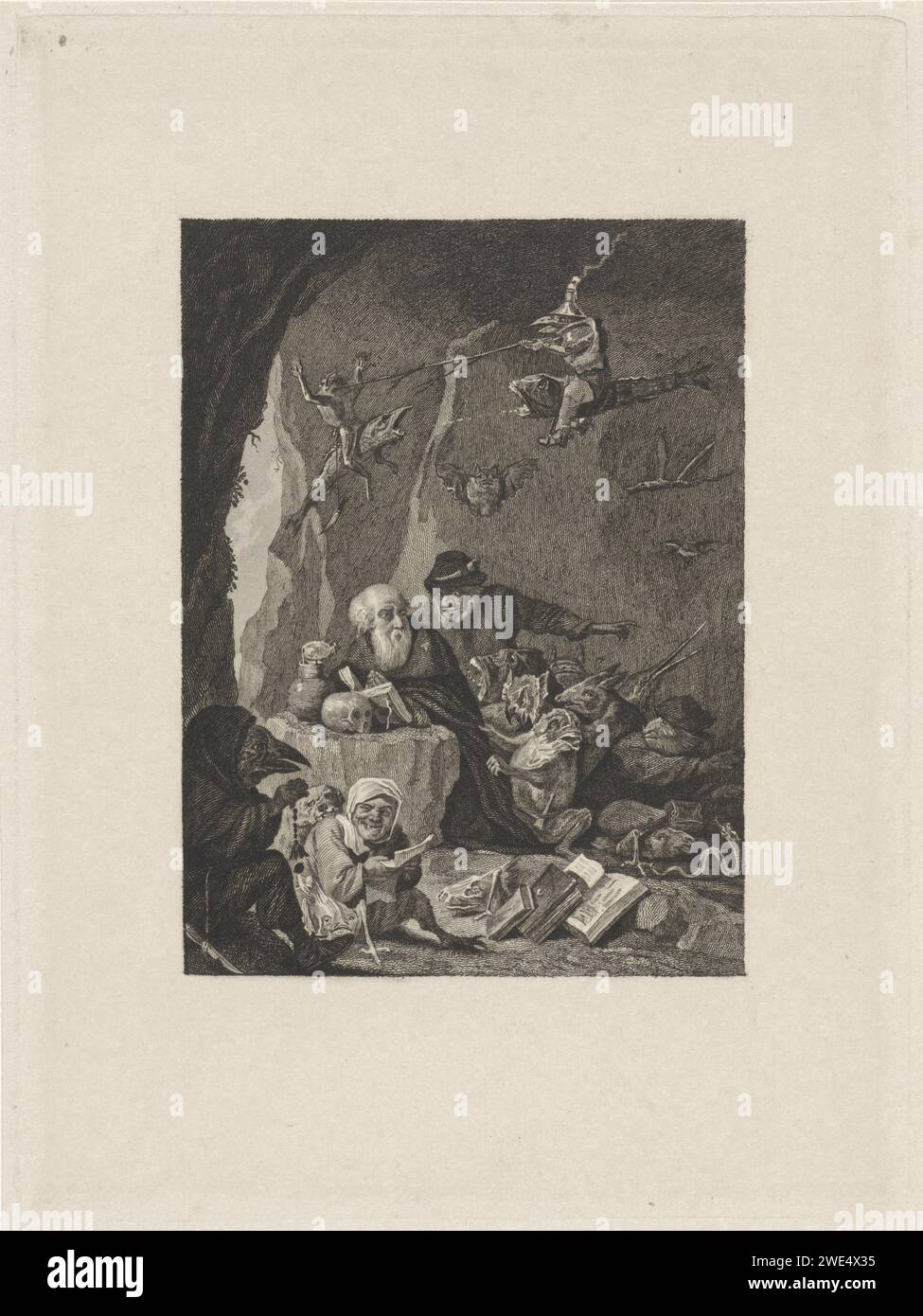 Die Versuchung von St. Antonius, Dirk Jurriaan Sluyter, nach David Teniers, in oder vor 1840 Print St. Antonius kniet in einer Höhle. Es gibt ein Buch und einen Schädel auf einem Felsen für ihn. Fliegen, gehen und sitzen um ihn herum in Form von wunderbar geformten Tieren oder Menschen mit Tier-leds. Bücher auf dem Boden. Amsterdam Papierätzung / Gravur St.. Antony Abt wurde von Teufeln gequält, greift ihn auf dem Boden an oder trägt ihn in die Höhe. Teufel und Dämonen. Buch - MM - Buch geöffnet. Buch Stockfoto