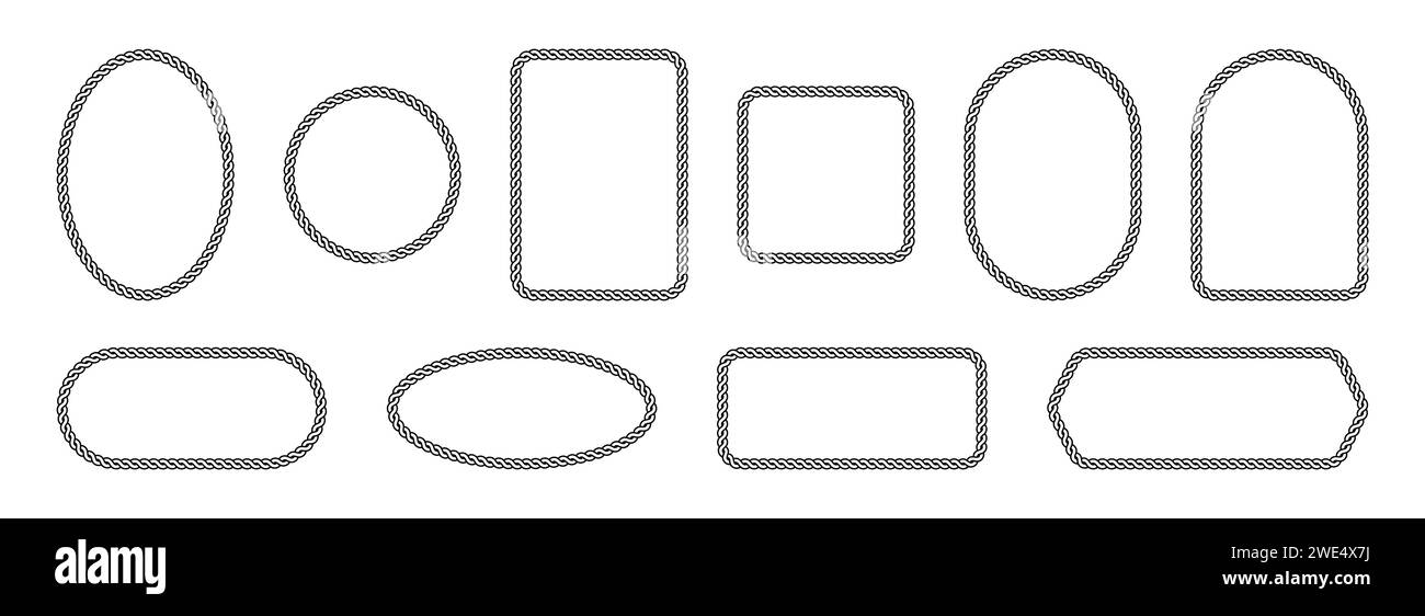 Rahmen aus Kette oder Seil gewebt. Ornament-Rahmen verschiedener geometrischer Formen. Pack isolierter Vektorelemente auf weißem Hintergrund. Stock Vektor