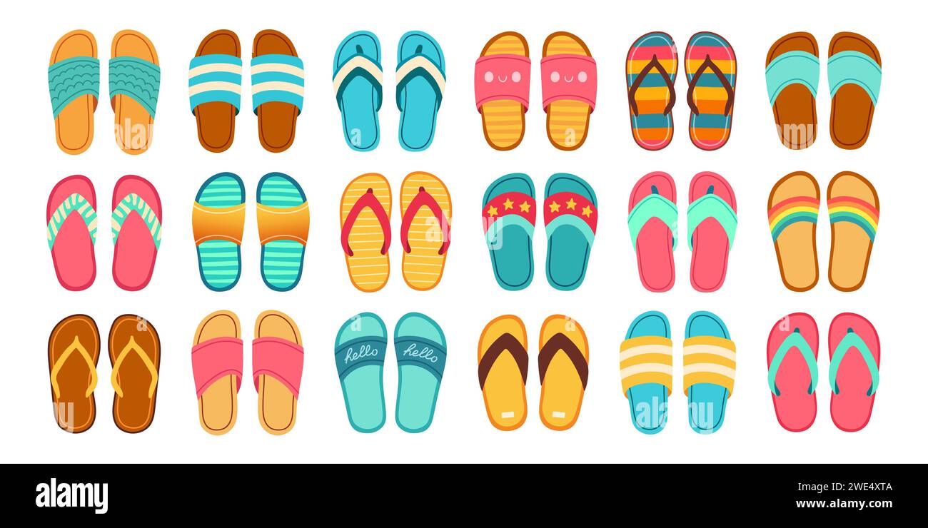 Sommer-Hausschuhe Set. Flip Flops Sommer Schuhe Vektor Illustration, Hausschuhe Ansicht von oben, flaches Design Stock Vektor