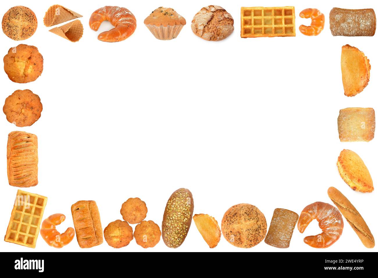 Rahmen aus köstlichen und frischen Brotsorten isoliert auf weißem Hintergrund. Stockfoto