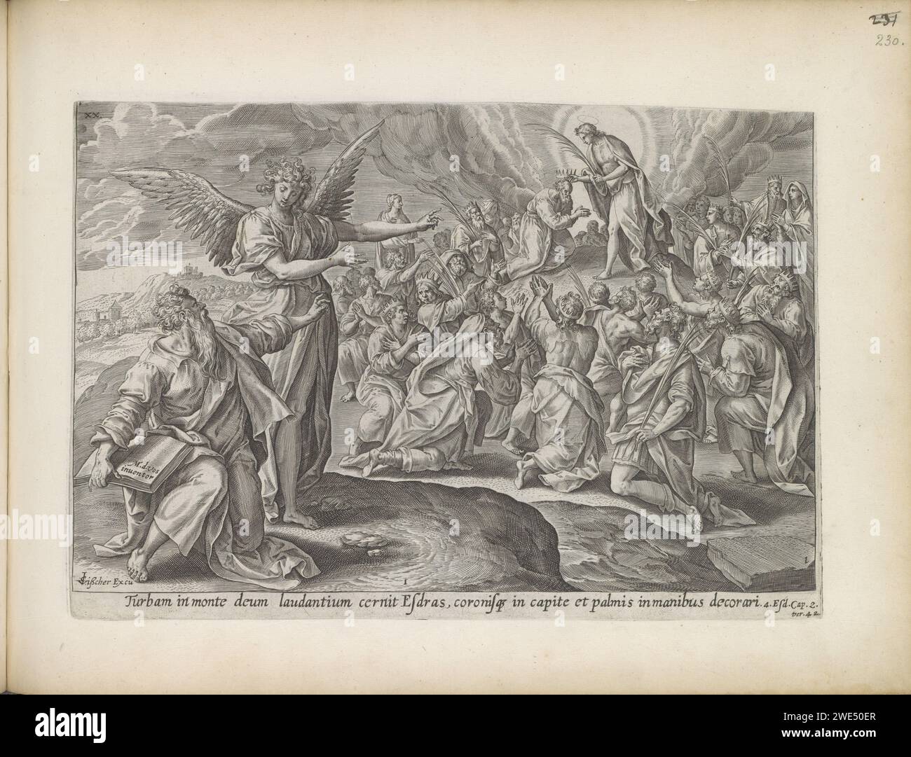 Erste Vision von Esra: Der Sohn Gottes krönt die Menge, 1643 Druck Esra steht im Vordergrund rechts und wird von einem Engel für eine Vision angezeigt. Esra sieht den Sohn Gottes auf dem Berg Sion, der das Volk Krähe und seine Palmzweige verleiht. Unter der Aufführung ist ein lateinischer Verweis auf den apokryphen Bibeltext in 4 Ezra 2:42. Dieser Ausdruck ist Teil eines Albums. Amsterdamer Papier mit anderen Szenen aus Esra und Esdras Stockfoto