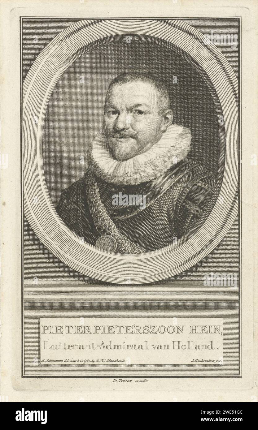 Porträt von Pieter Pietersz. Heyn, Jacob Houbraken, nach Aert Schouman, 1749–1759 Druckbüste links von Pieter Pietersz. Heyn im Oval. Das Porträt ruht auf einem Sockel, auf dem sein Name und sein Titel in zwei Zeilen in Niederländisch stehen. Amsterdamer Papiergravur/Ätzung Stockfoto