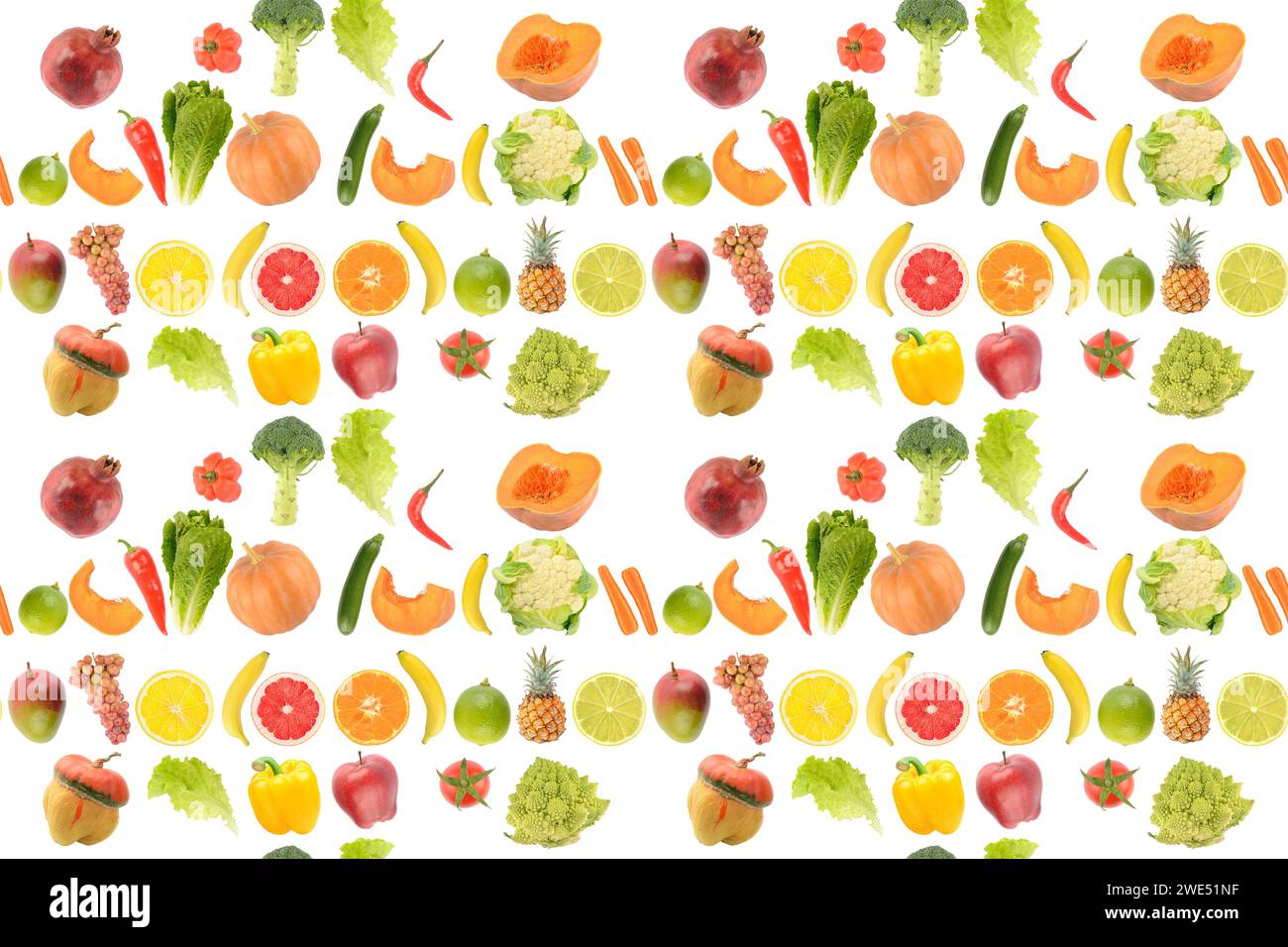 Obst Gemüse nahtlose Muster isoliert auf weißem Hintergrund. Stockfoto