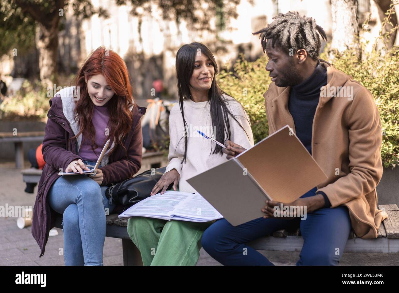 Verschiedene Studenten, die sich im Freien an Gruppenstudien beteiligen Stockfoto