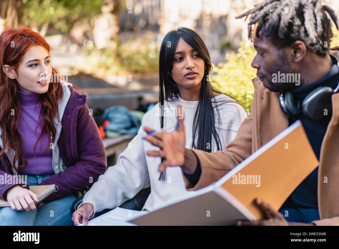 Verschiedene Studenten, die sich im Freien an Gruppenstudien beteiligen Stockfoto