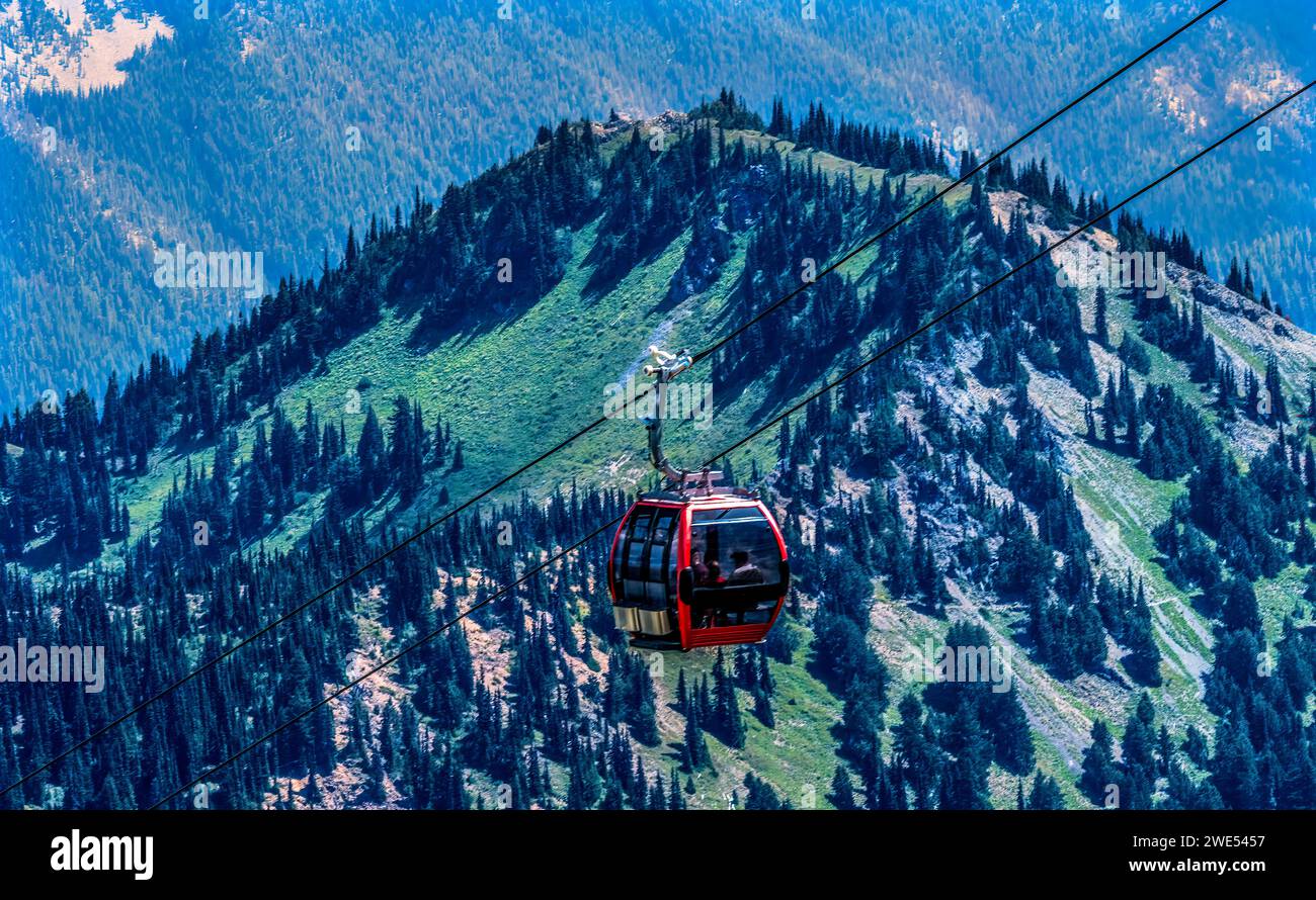 Red Gondola Skilift Green Mountains Crystal Mountain Alpine Skigebiet Pierce County Washington. Crystal Mountain größtes Skigebiet in Washington neben Stockfoto