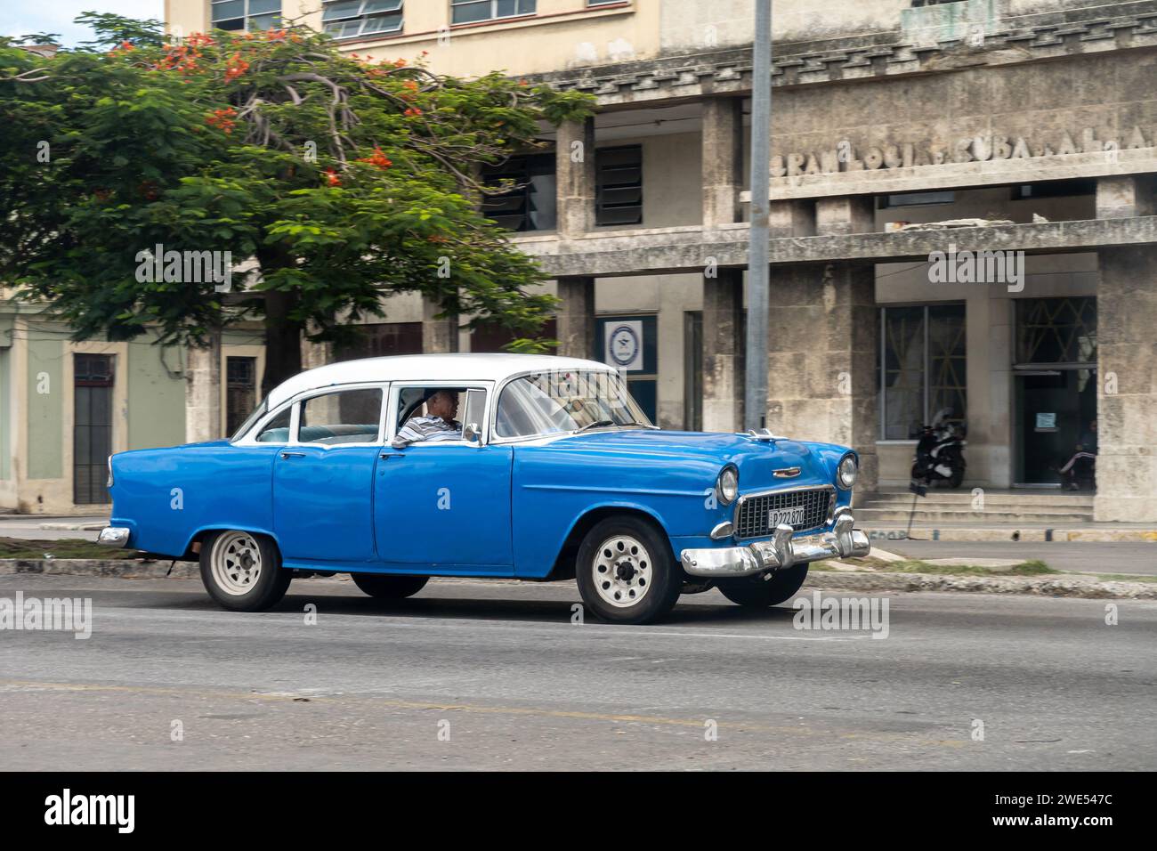HAVANNA, KUBA - 27. AUGUST 2023: Blauer amerikanischer Chevrolet Bel Air Oldtimer in Havanna, Kuba, mit leichtem Bewegungsunschärfeeffekt Stockfoto