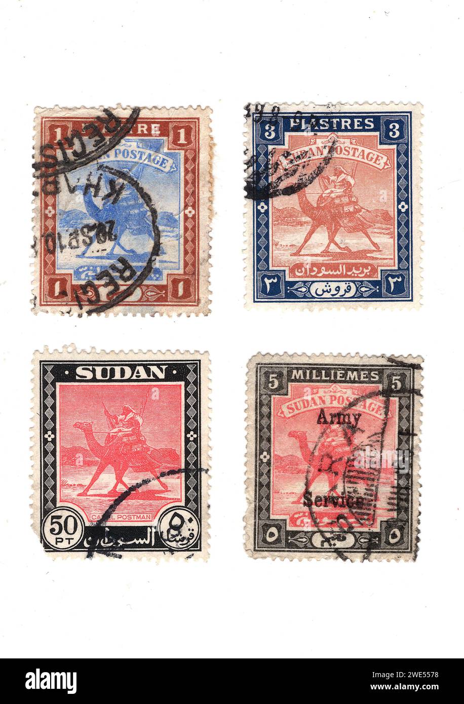 Alte Briefmarken aus dem Sudan isoliert auf weißem Hintergrund. Stockfoto