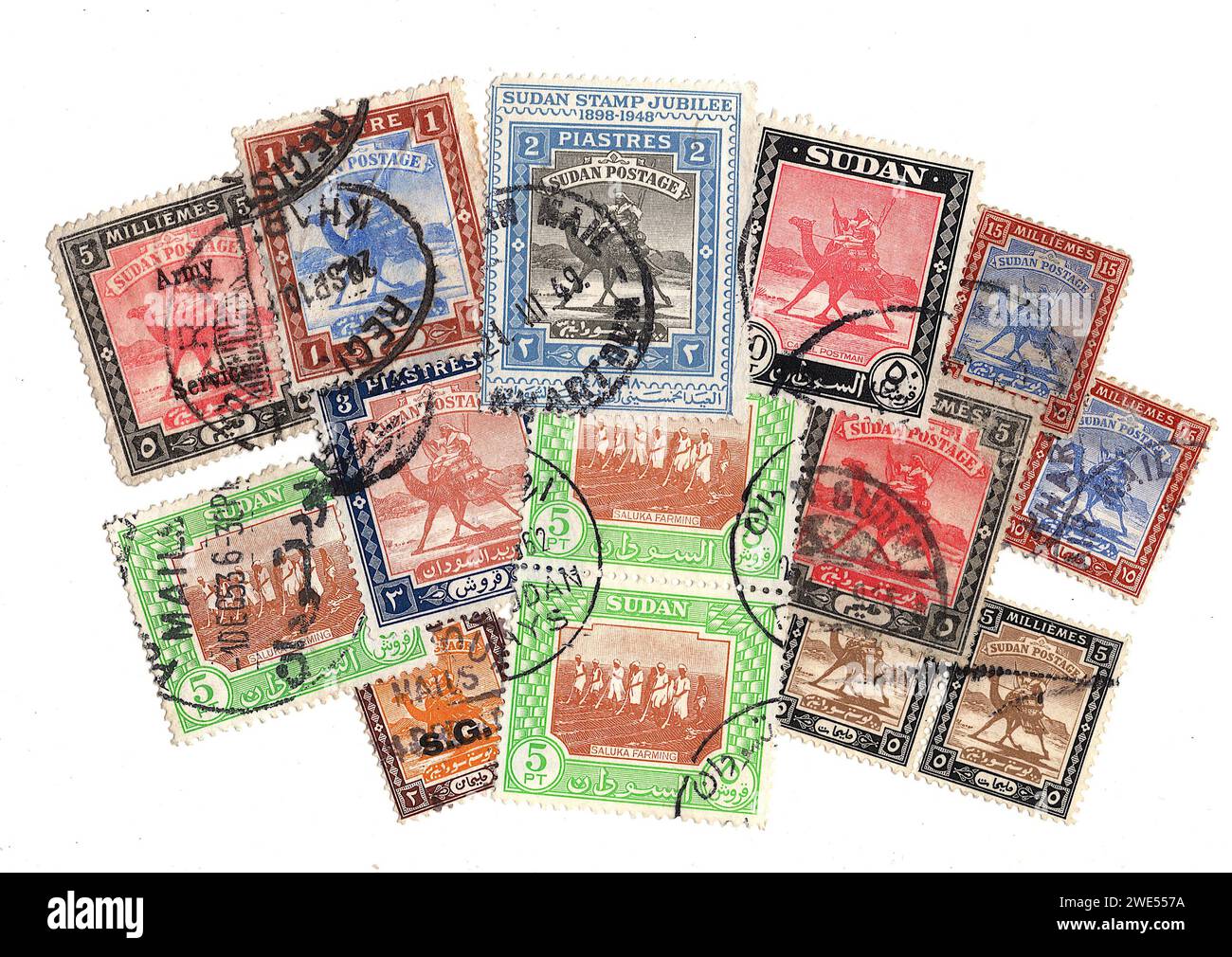Alte Briefmarken aus dem Sudan isoliert auf weißem Hintergrund. Stockfoto