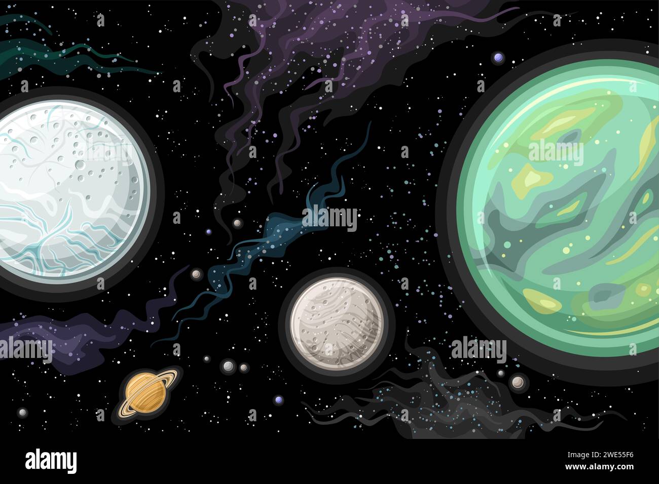 Vector Fantasy Space Chart, horizontales Poster mit Zeichentrickdesign blau und grün saturn Mond, rotierend um Saturn im tiefen Raum, dekorative Futuris Stock Vektor