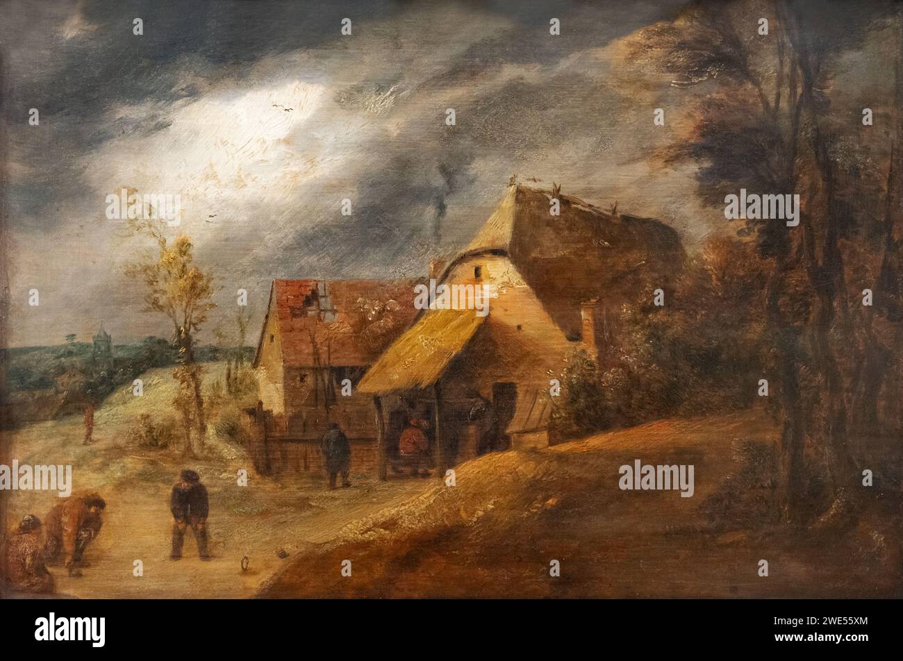 Adriaen Brouwer Gemälde; 'Landschaft mit Bowlern'; um 1632-8; Öl auf Tafel; flämischer Maler aus dem 17. Jahrhundert Stockfoto
