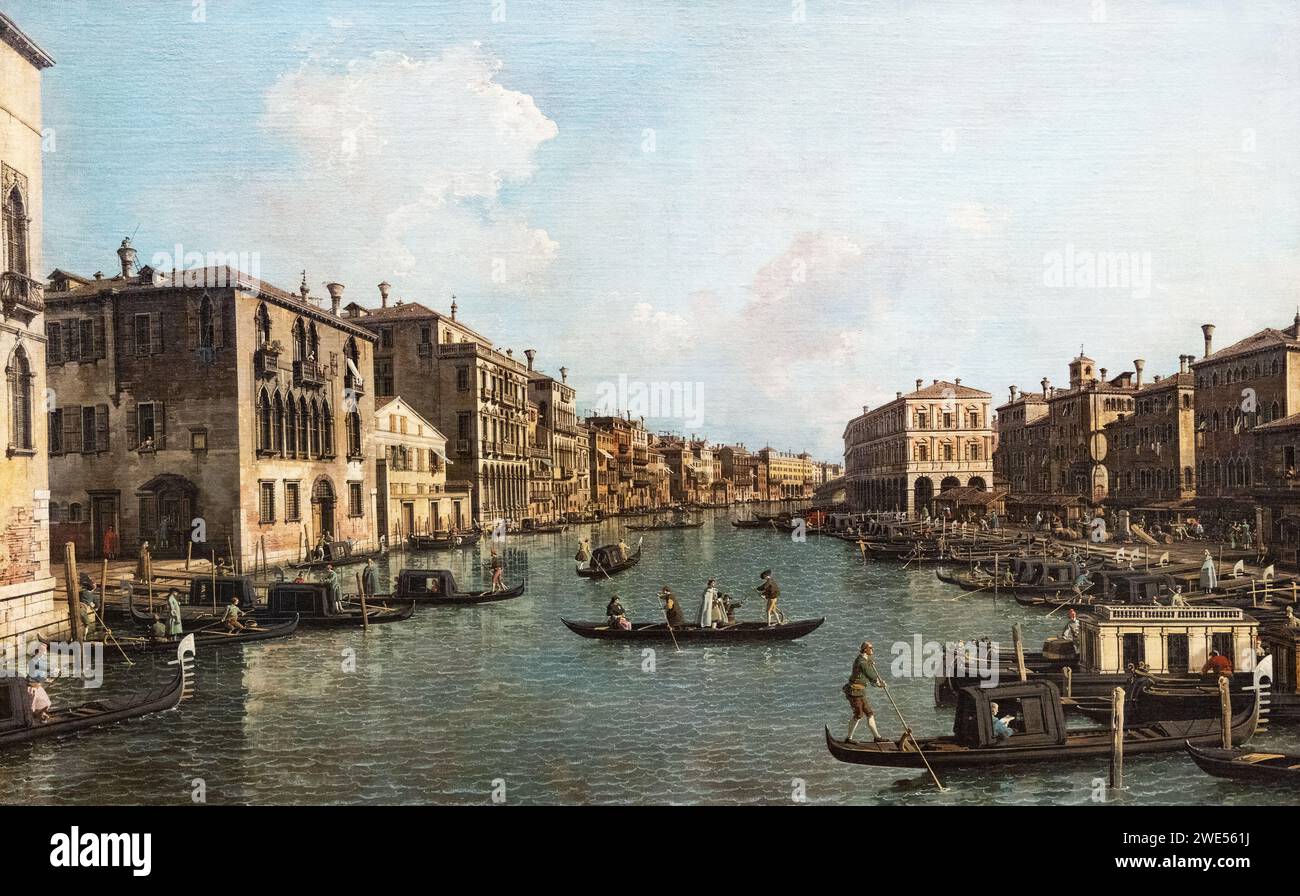 Canaletto-Gemälde; „Canal Grande Union von Venedig mit Blick auf den Südosten zur Rialtobrücke“, 1758-9; Maler der venezianischen Schule aus dem 18. Jahrhundert. Stockfoto