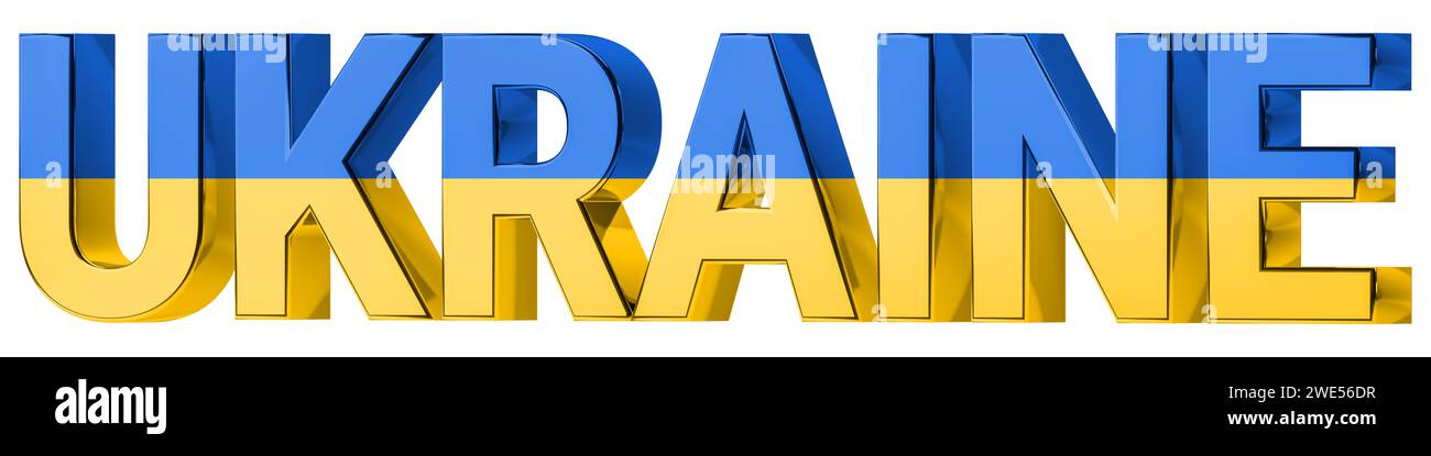 3D Wort Ukraine in der Farbe der ukrainischen Nationalflagge: Blau und gelb Stockfoto