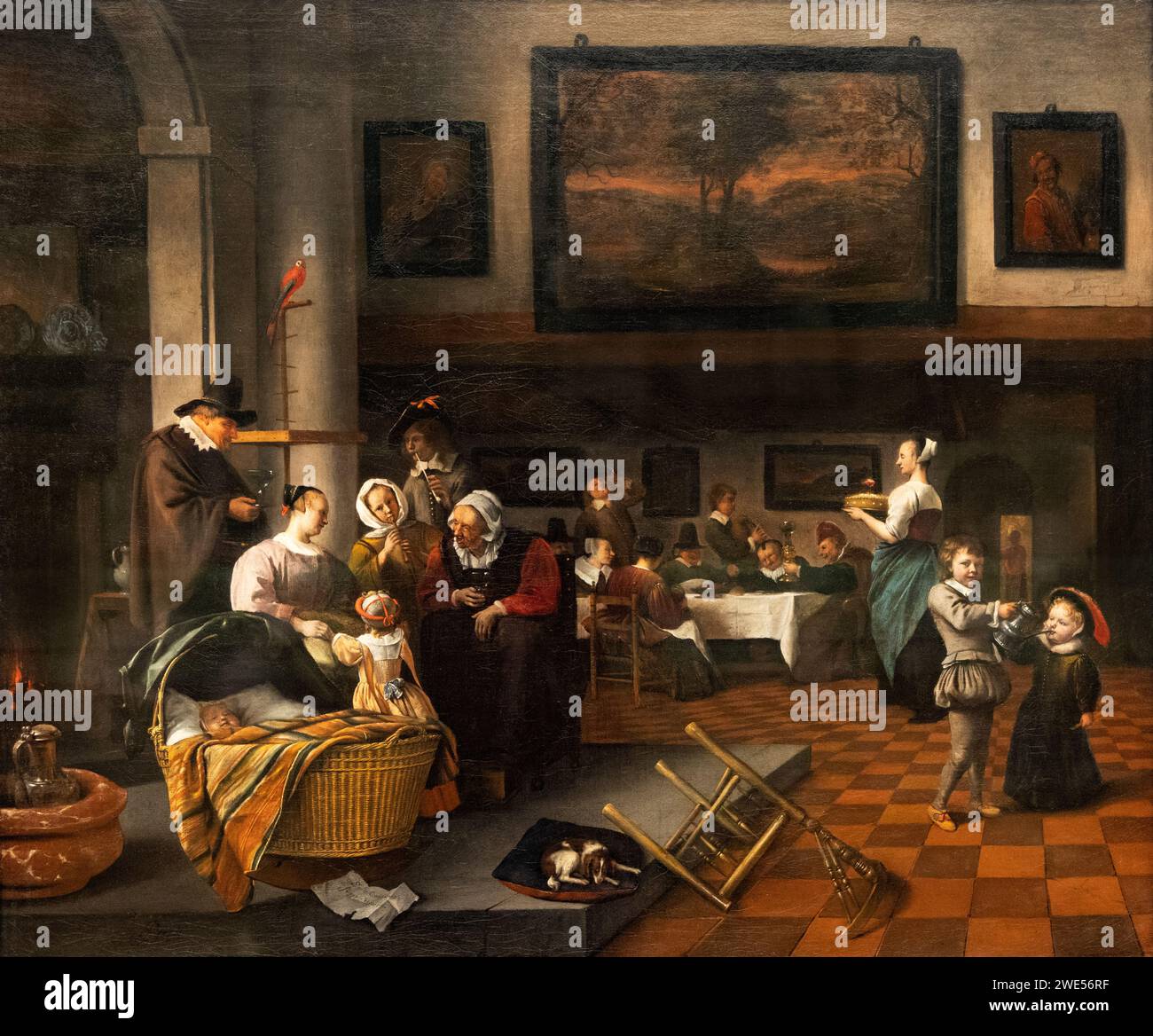 Jan Steen Gemälde, „die Taufe“ 1665–70; niederländischer Maler des niederländischen Goldenen Zeitalters aus dem 17. Jahrhundert, 1626–1679. Stockfoto
