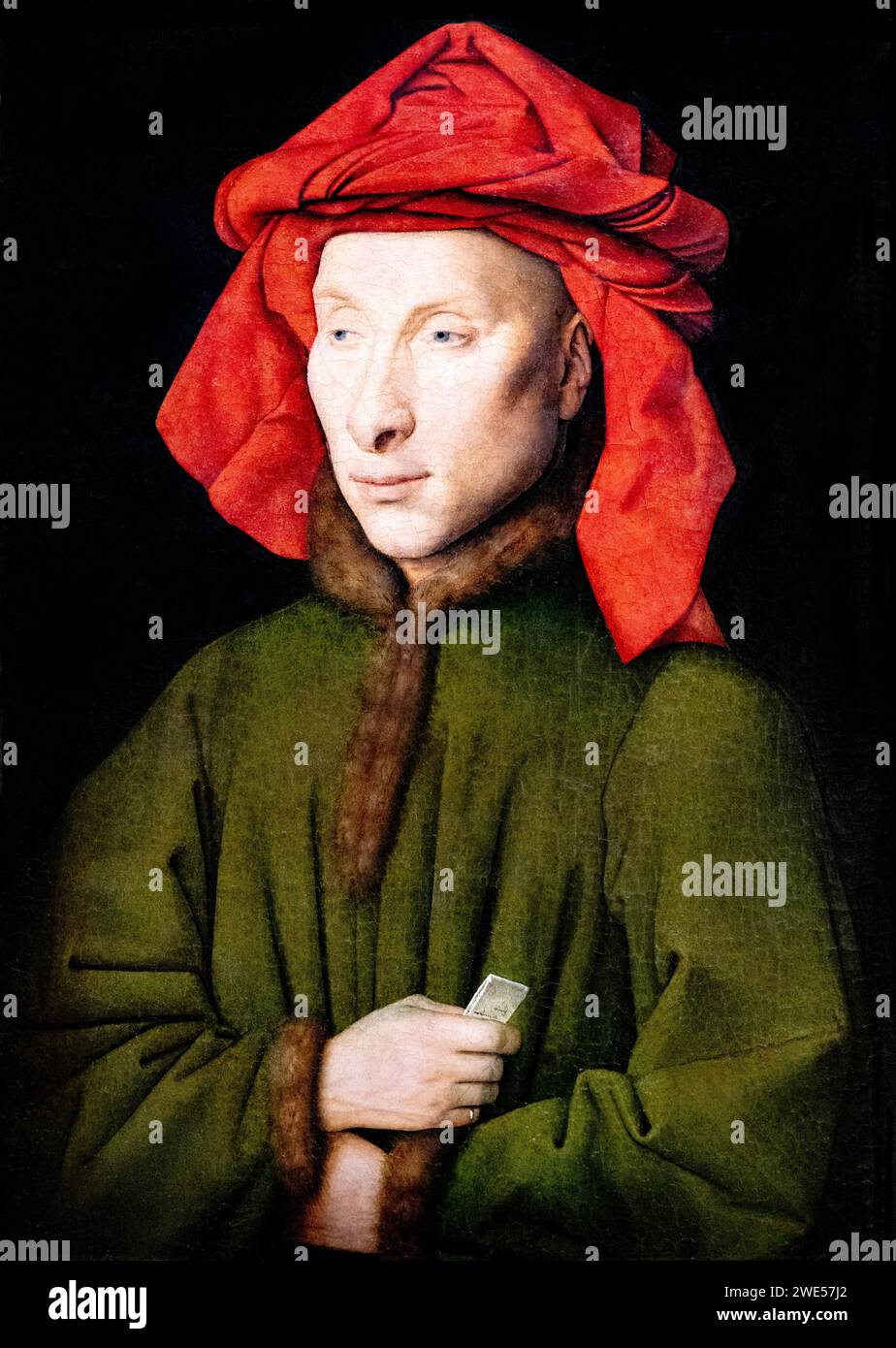 Jan van Eyck Malerei; Porträt eines Mannes mit einem roten Chaperon (Kapuze); 1435–40, möglicherweise Giovanni di Nicolao Arnolfini; frühe niederländische Malerei Stockfoto