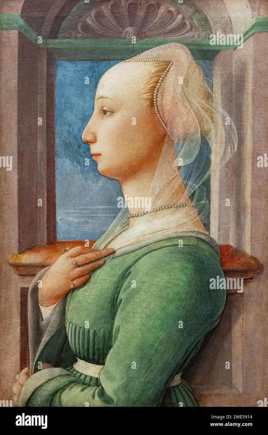 FRA Filippo Lippi Painting; 'Profilporträt einer jungen Frau', um 1445. Alias. Lippo Lippi, 1400er Jahre, italienischer Maler der Frührenaissance aus dem 15. Jahrhundert. Stockfoto