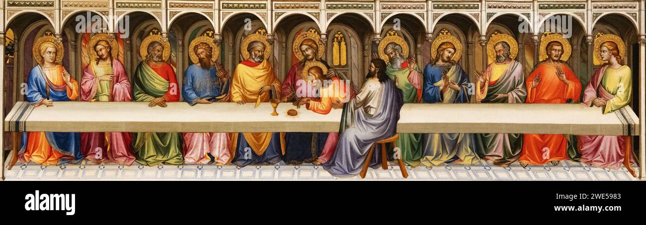Lorenzo Monaco Gemälde „das letzte Abendmahl“, 1388-89; Jesus und Jünger. Frühe italienische Renaissance-Kunst aus dem 14. Jahrhundert; religiöse Malerei. Italien Stockfoto