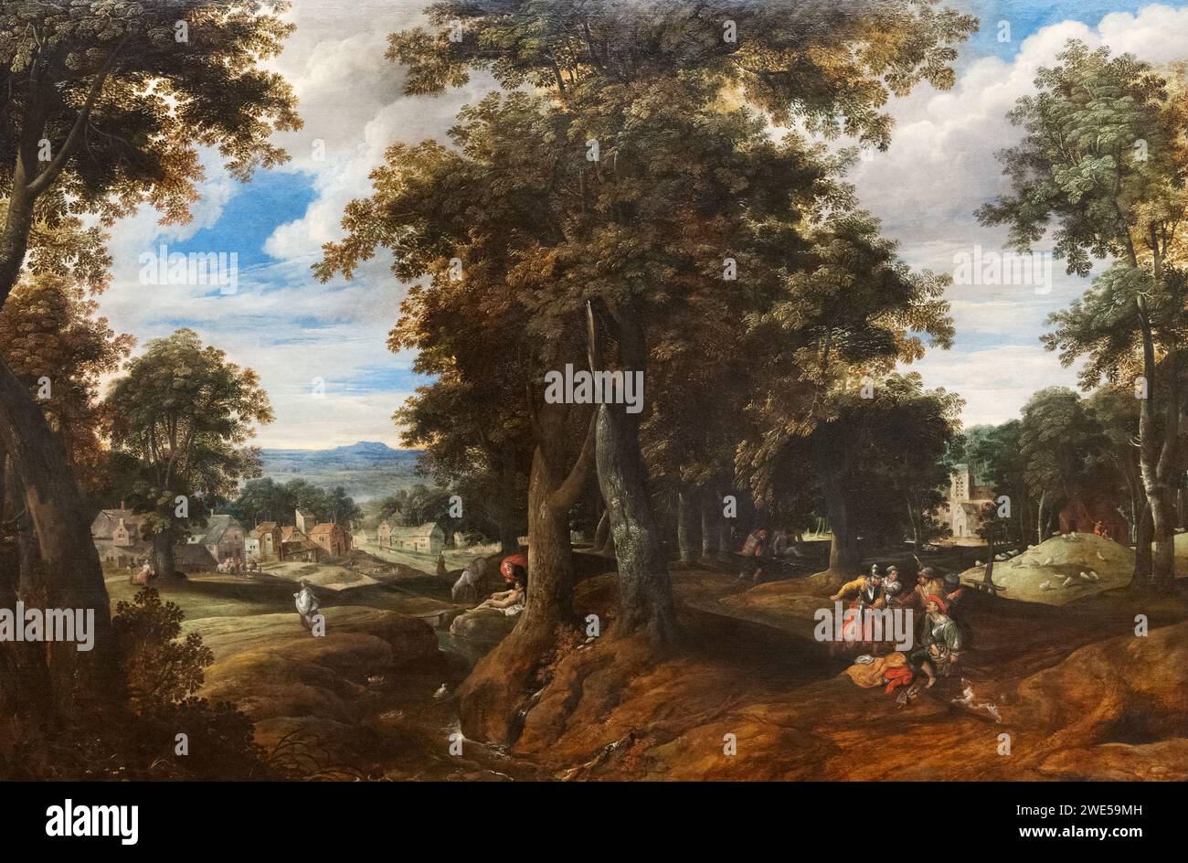 Cornelis Molenaer Malerei, „Waldlandschaft mit gutem Samariter“, um 1580. Flämischer Renaissance-Landschaftsmaler aus dem 16. Jahrhundert, 1540-1589 Stockfoto