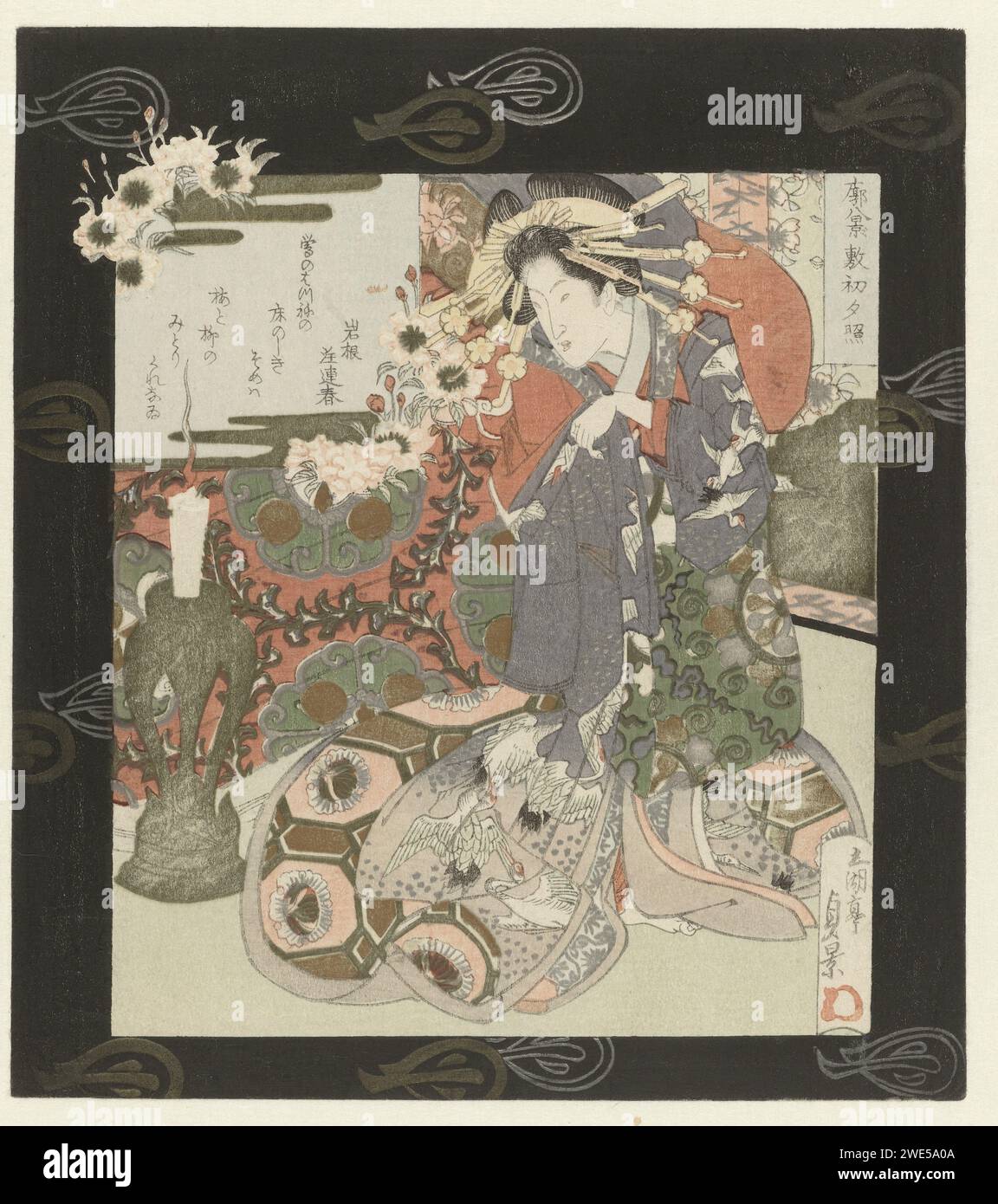 Courtisane bereitet sich auf die Nacht vor, Utagawa Sadakage, 1832 Eine Courtisane tröstet ihre lila falschen wärmer bei Kerzenschein aus, um sich auf die Nacht vorzubereiten. Mit einem Gedicht. Das Konzept der „acht Gesichter“ stammt aus der chinesischen Poesie, danach wurde es von der chinesischen Malerei übernommen, und dann auch von den Japanern. Es war eines der ersten Motive, die im japanischen Druck verwendet wurden, wo es mit berühmten Orten rund um das Biwa Meer in der Provinz ômi (acht Gesichter auf ômi) kombiniert wurde, oder zum Beispiel mit der Hauptstadt Edo (acht Gesichter auf der östlichen Hauptstadt). Sie tritt auch häufig in anderen Kompositionen auf, wie z. B. in der Stockfoto