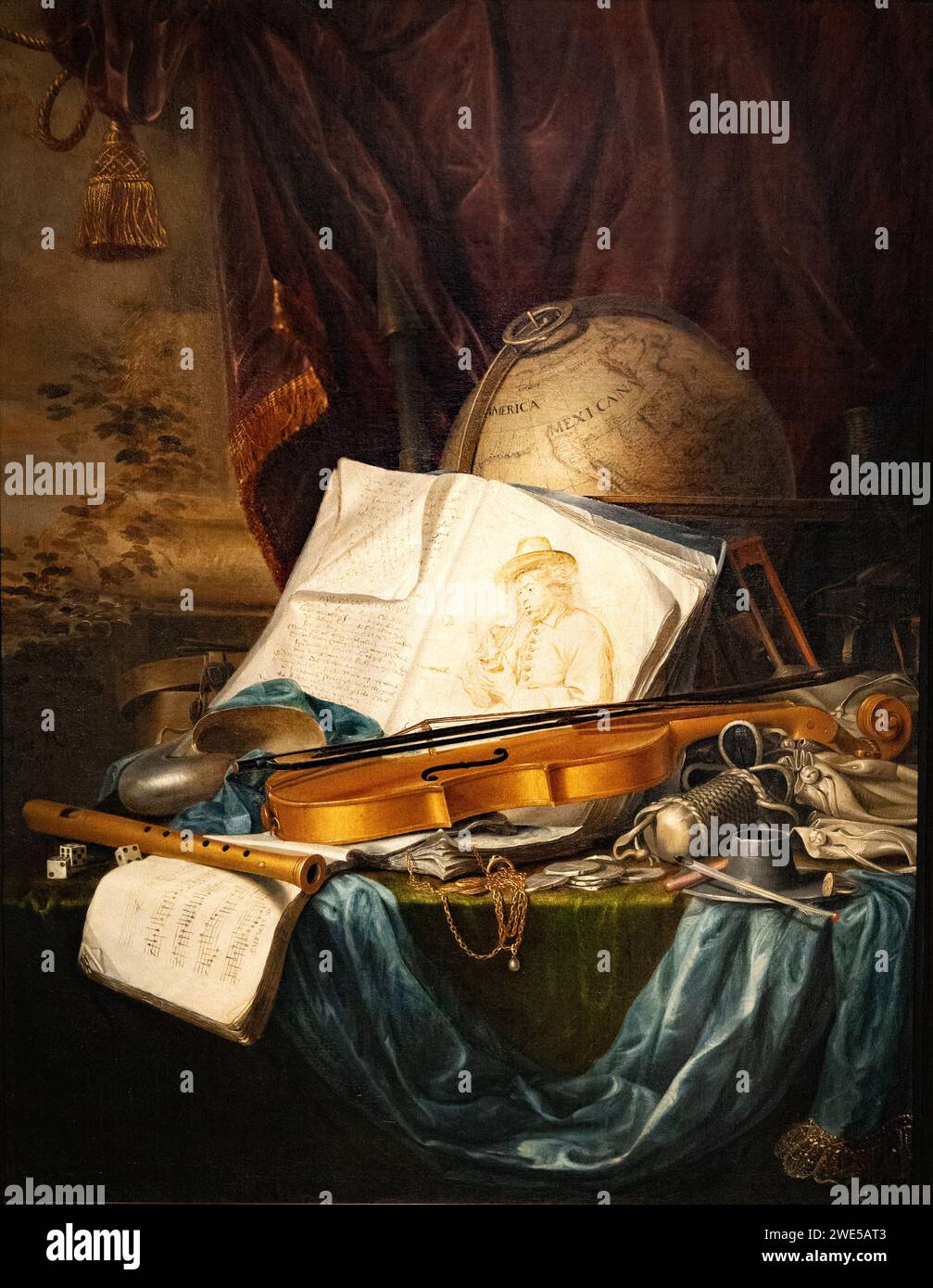 Pieter de Ring Malerei, „Stillleben der Musikinstrumente“, 1650, niederländischer Maler des Goldenen Zeitalters, im Barockstil, Gemälde aus dem 17. Jahrhundert. Stockfoto