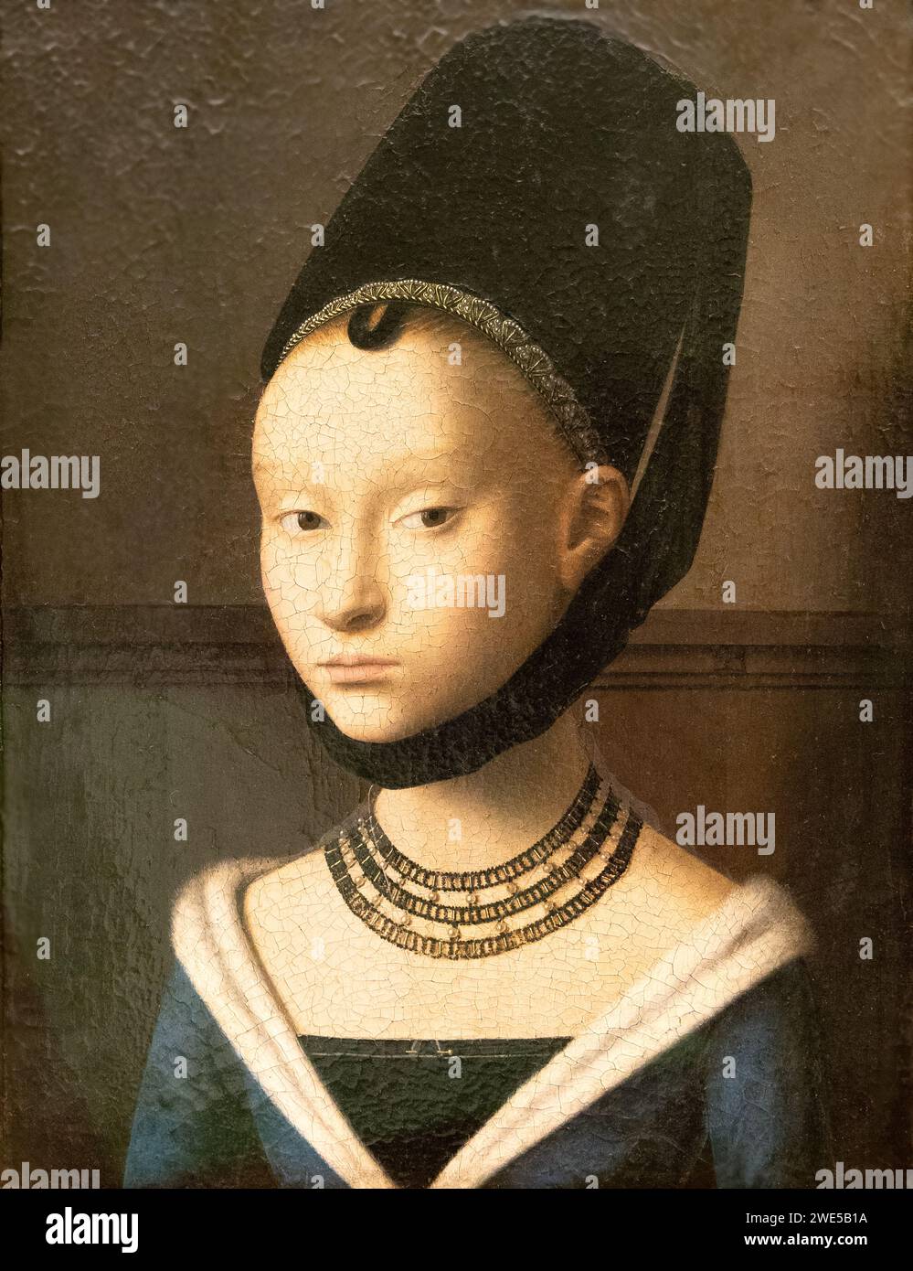 Petrus Christus Gemälde, „Porträt einer jungen Dame“; um 1470; 1400er Jahre, flämisches Gemälde einer jungen Frau aus dem 15. Jahrhundert von einem frühen niederländischen Maler. Stockfoto