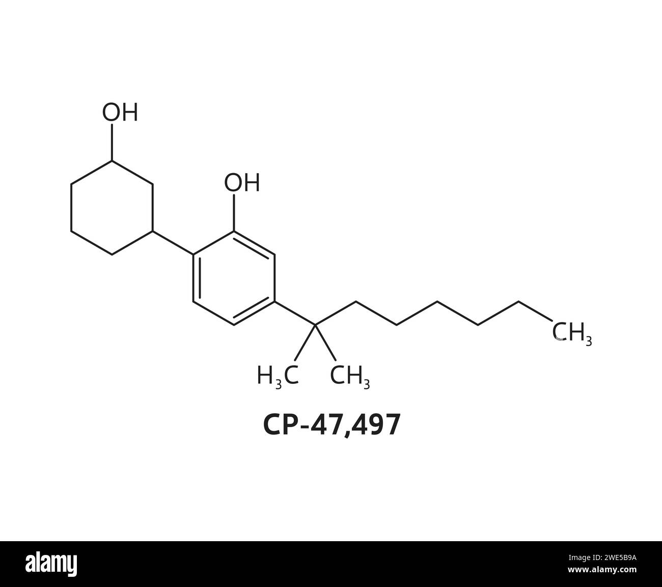 CP 47.497 Arzneimittelmolekül und chemische Formelstruktur der narkotischen Substanz, Vektormodell. CP 47.497 synthetisches oder Cannabicyclohexanol organisches Cannabinoid und psychoaktives Medikament in Molekularformel Stock Vektor