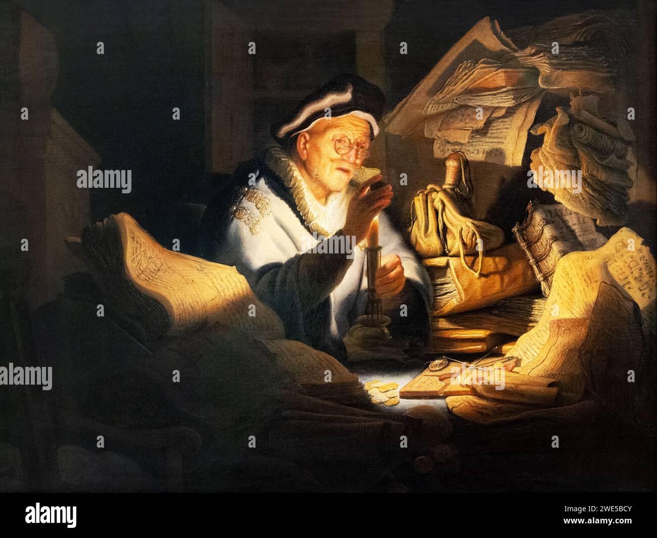 Rembrandt Harmenszoon van Rijn oder Rembrandt Gemälde; The Money Changer oder The Parable of the Rich Narr, 1627; niederländische Gemälde des Goldenen Zeitalters. Stockfoto