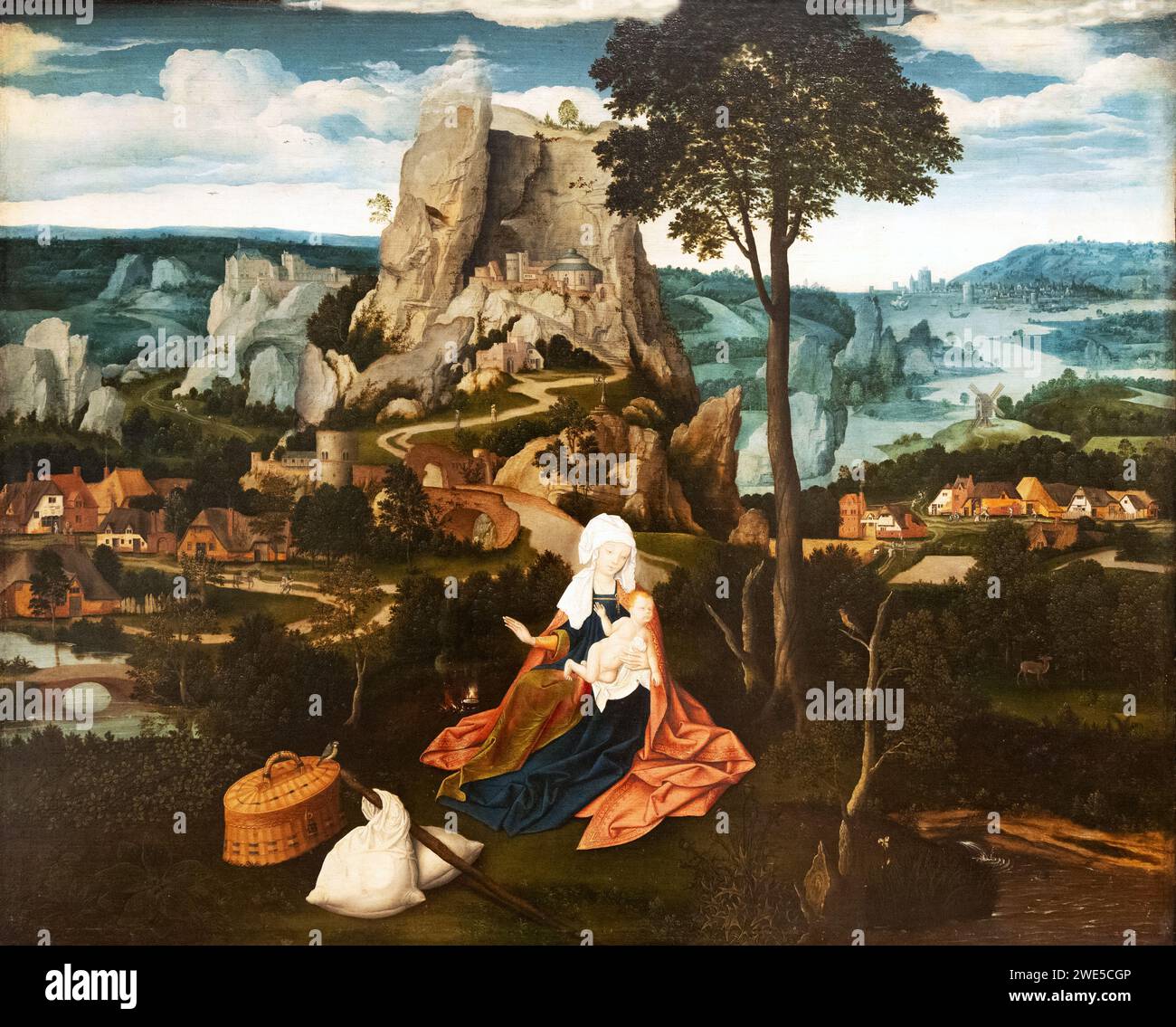 Joachim Patinir Gemälde, 'Rest on the flight into Egypt', um 1520. Flämischer Renaissancemaler für Landschaft und Geschichte, 1483-1524 Stockfoto